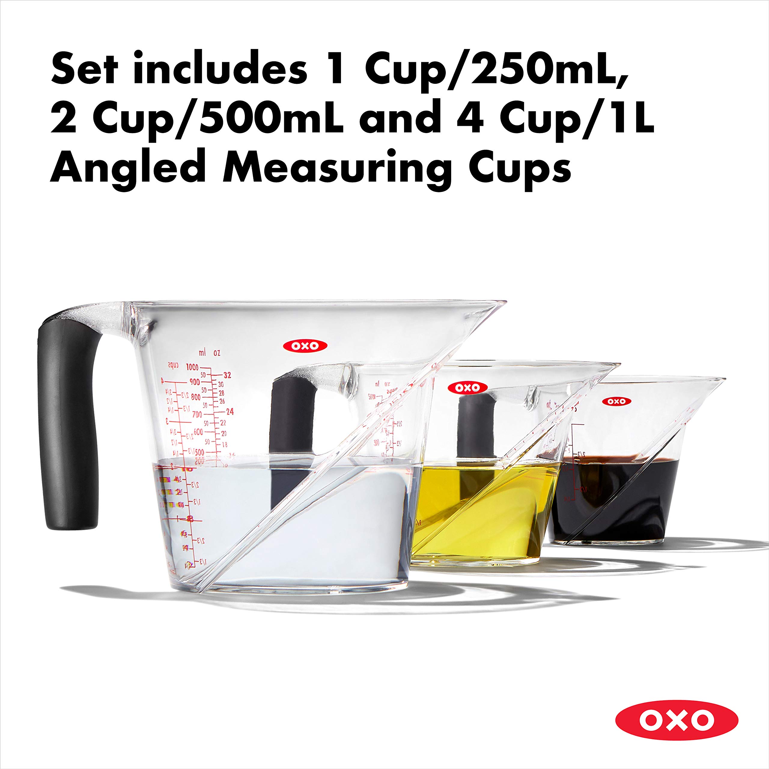 OXO Good Grips 3-Piece Angled Measuring Cup Set with Mini Cup - Easy-Read Measurement for Baking, Cooking & Meal Prep - Dishwasher Safe Kitchen Essentials