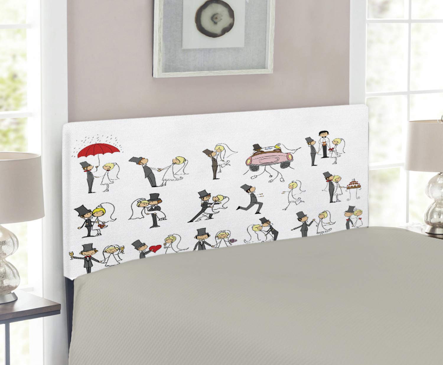 Ambesonne Funny Wedding Headboard - Happy Valentine's Cartoon Style Upholstered Metal Bed Frame with Memory Foam, Twin Size Multicolor - Perfect for Couples' Bedroom, Anniversary Gift & Romantic Home Decor