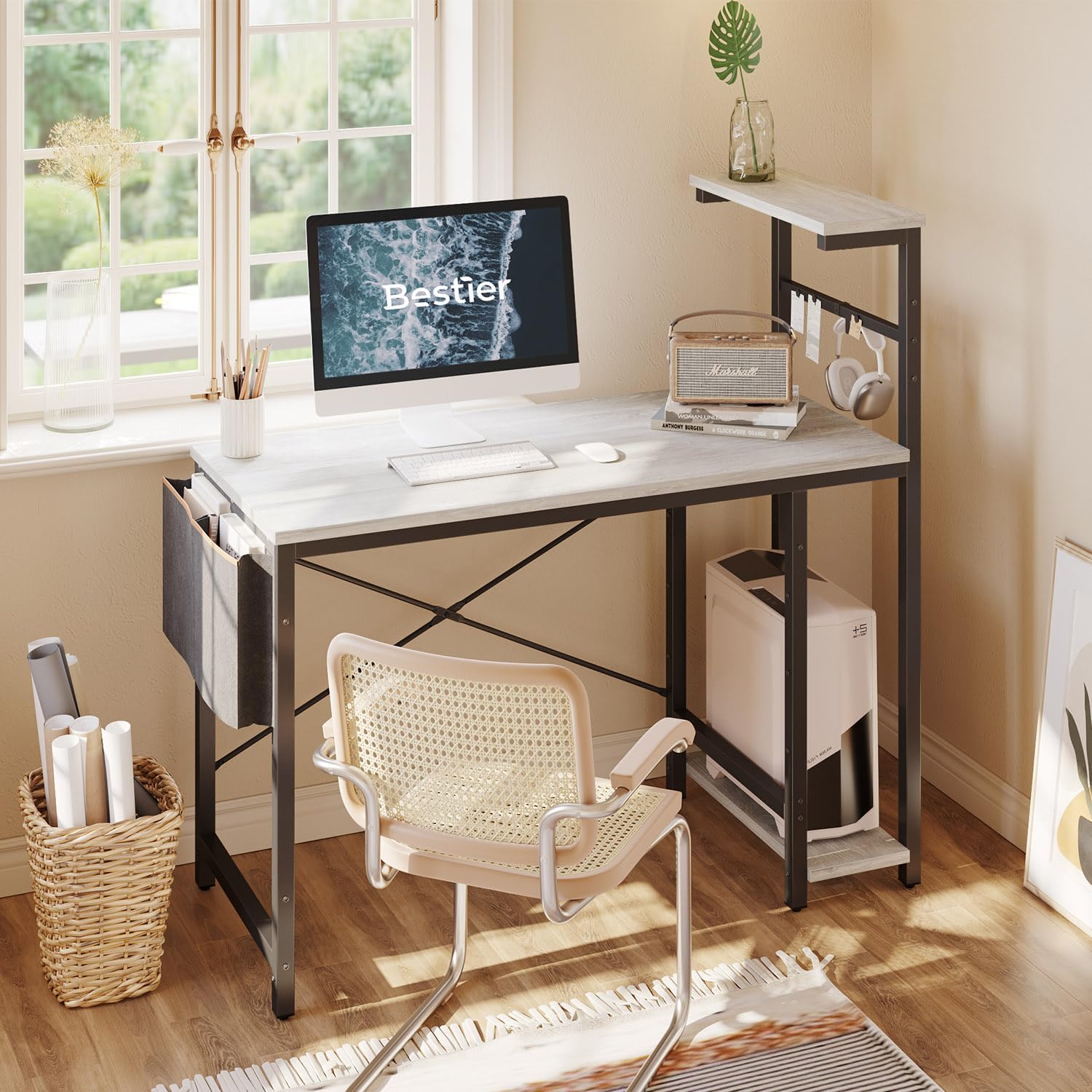 Bestier 44 Inch Gaming Computer Desk with 4-Tier Shelves, LED Lights, Storage Bag & Printer Shelf - Retro Grey Oak | Home Office & Gaming Setup for Small Spaces