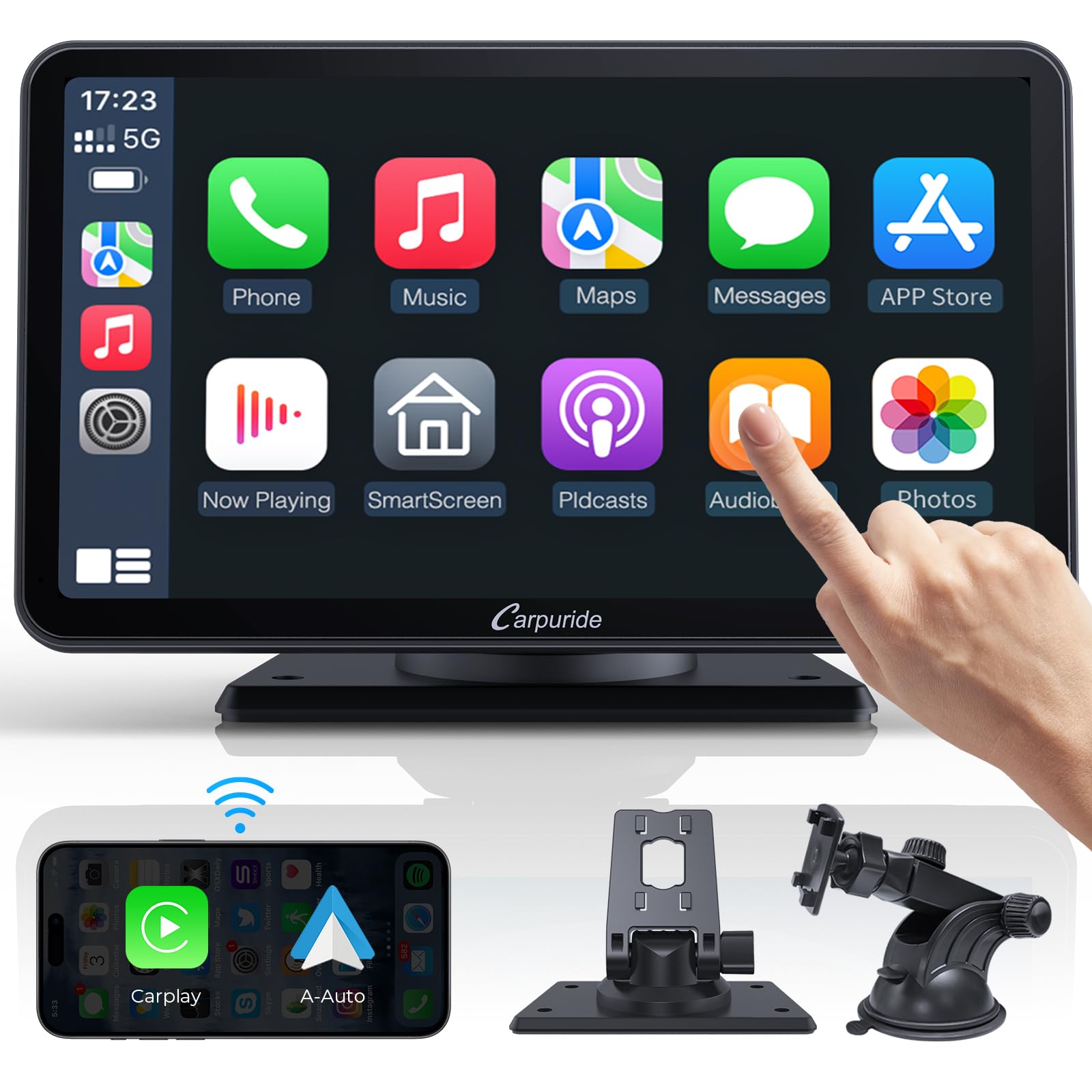Carpuride 7 Inch Portable Wireless CarPlay Screen - Android Auto & Apple CarPlay Compatible Touchscreen - Bluetooth Multimedia Player with Navigation for All Cars | Perfect for Road Trips & Daily Commuting