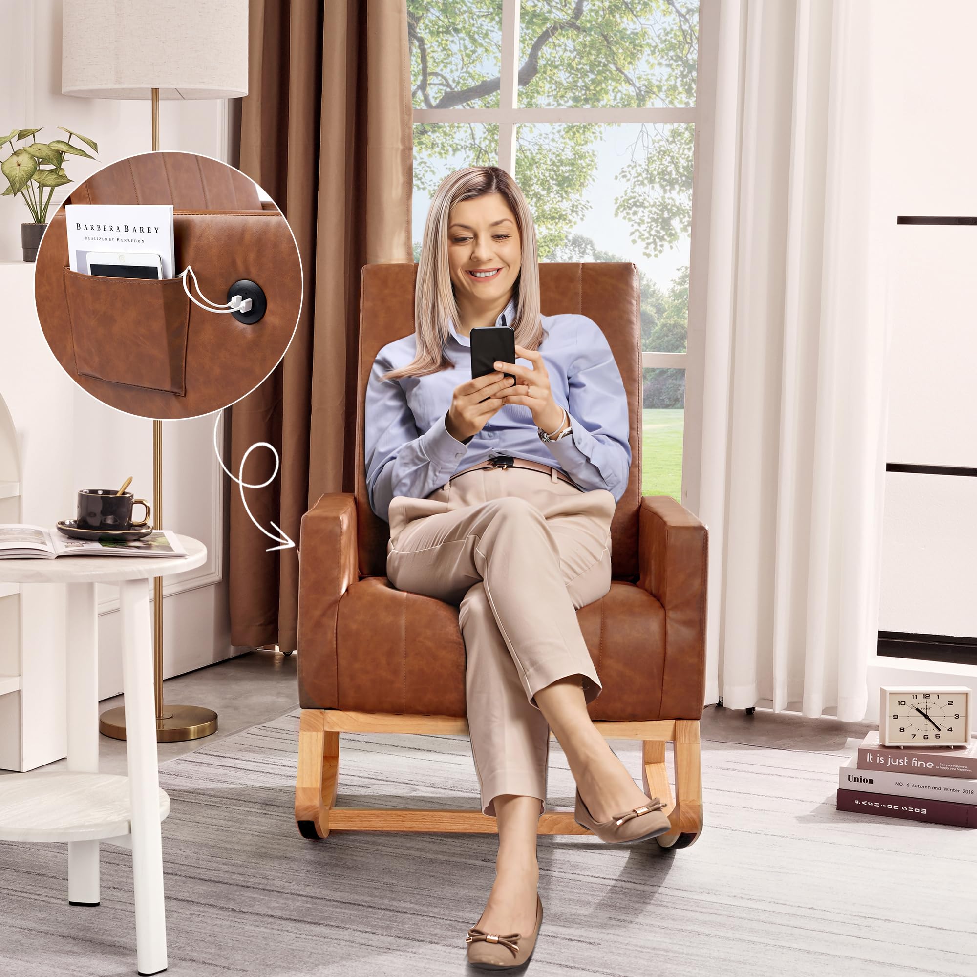 VECELO Modern Leather Rocking Chair with USB Port & Side Pocket - High Back Upholstered Nursery Glider Accent Rocker with Wood Legs for Living Room, Bedroom, Nursery - Perfect for Nursing, Relaxing & Reading (Brown)