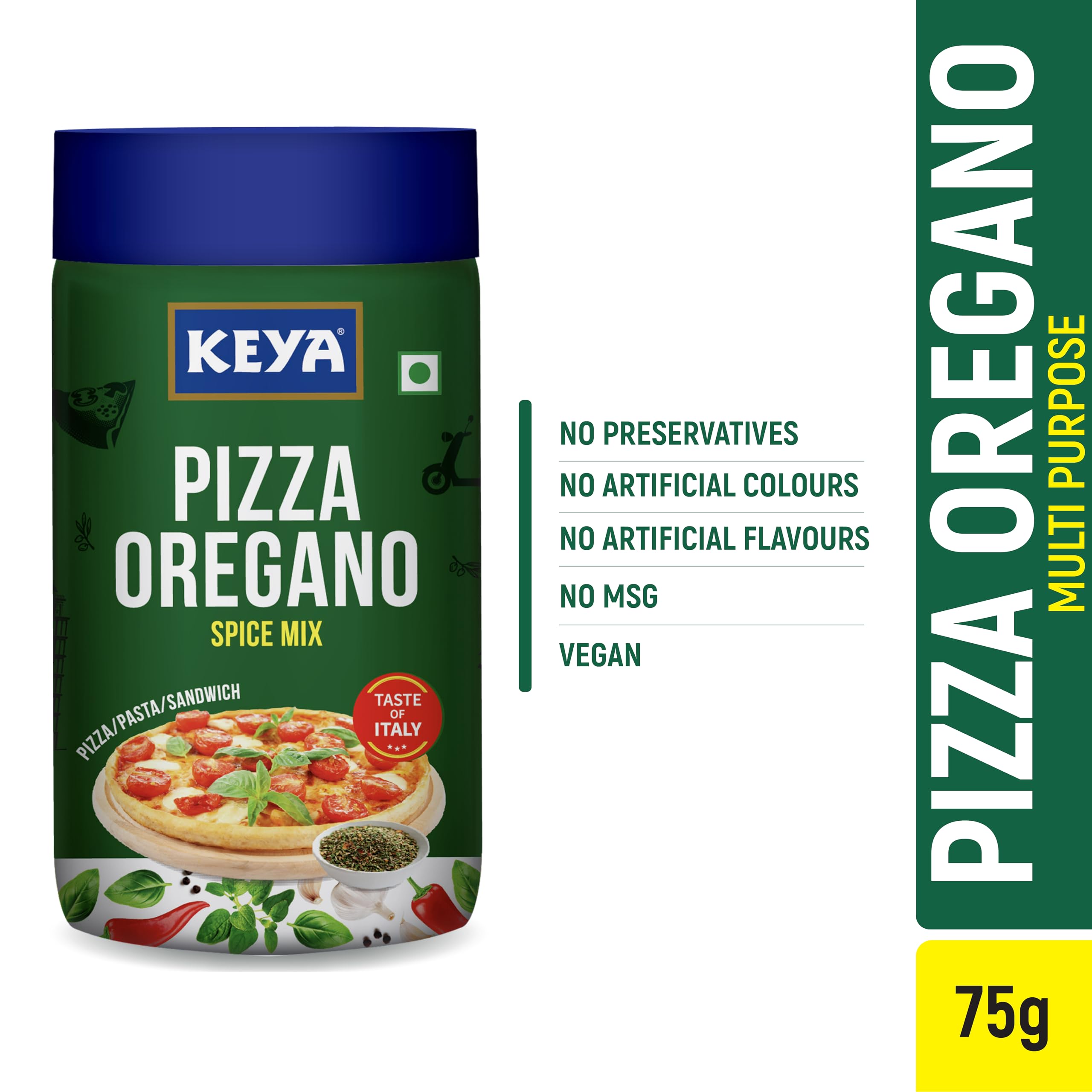 Keya Italian Pizza Oregano Spice Mix - 100% Natural, Vegan, No Preservatives or MSG - Healthy Italian Seasoning for Pizza, Pasta, Garlic Bread & More - Perfect for Cooking, Marinades & Dips - 75g