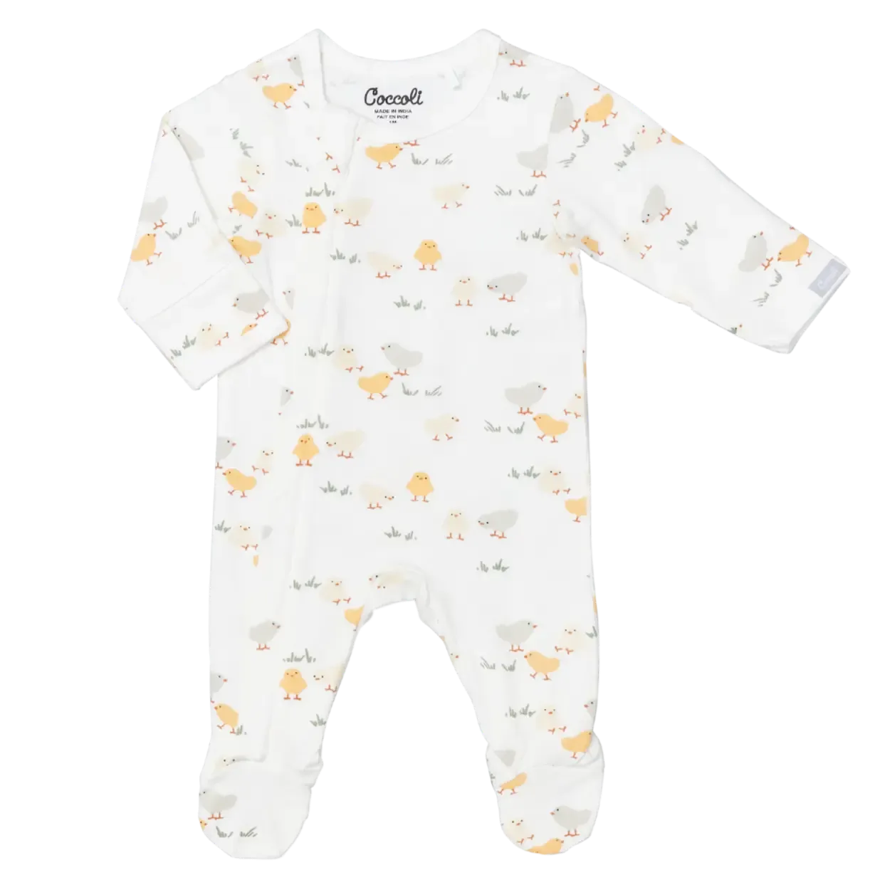 Coccoli Cotton Modal 2-Way Zipper Footie Pajamas for Babies - Soft & Breathable Sleepwear with Spring Chicks Design - Perfect for Nursery, Bedtime & Playtime