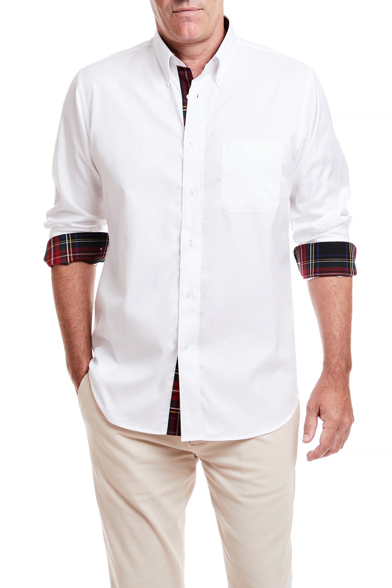 Men's White Oxford Shirt with Black Stewart Plaid Trim - Classic Button Down Dress Shirt for Office, Business Casual & Formal Occasions