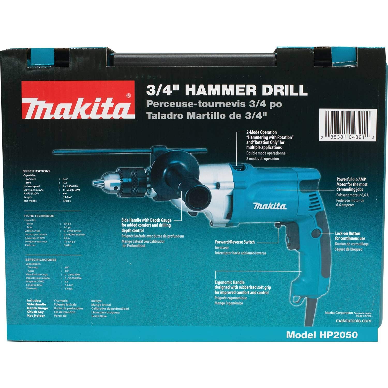 Makita HP2050-R 6.6 Amp 3/4 Inch Hammer Drill with Case (Renewed) - Powerful Corded Drill for Woodworking, Metal Drilling & DIY Home Projects