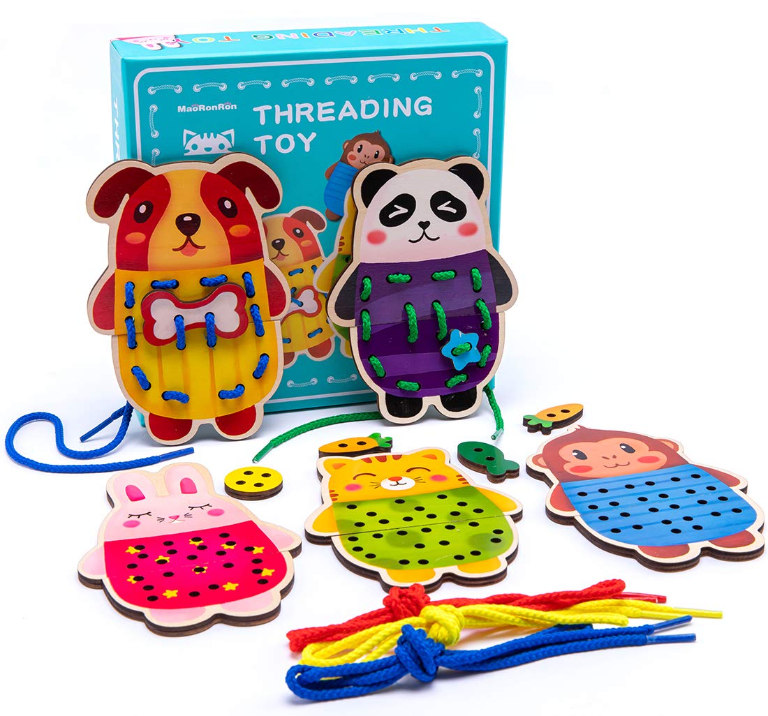 Promise Babe 5 Pack Wooden Animal Lacing Cards - Montessori Threading Toys for Toddlers, Educational Preschool Learning Toys for Fine Motor Skills Development - Perfect for Classroom, Homeschool & Travel Activities