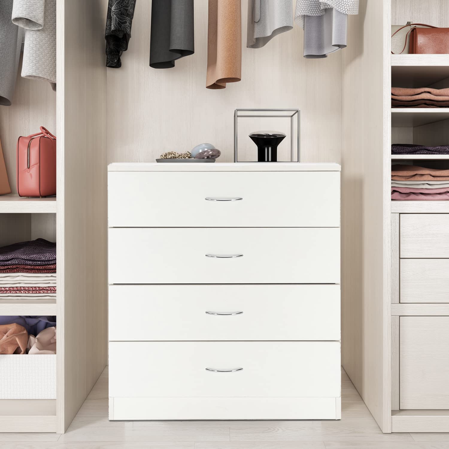 GEDELITE White Wooden 4-Drawer Dresser - Chest of Drawers for Bedroom, Living Room, Office & Entryway - Versatile Storage Solution for Clothes, Linens & Home Organization
