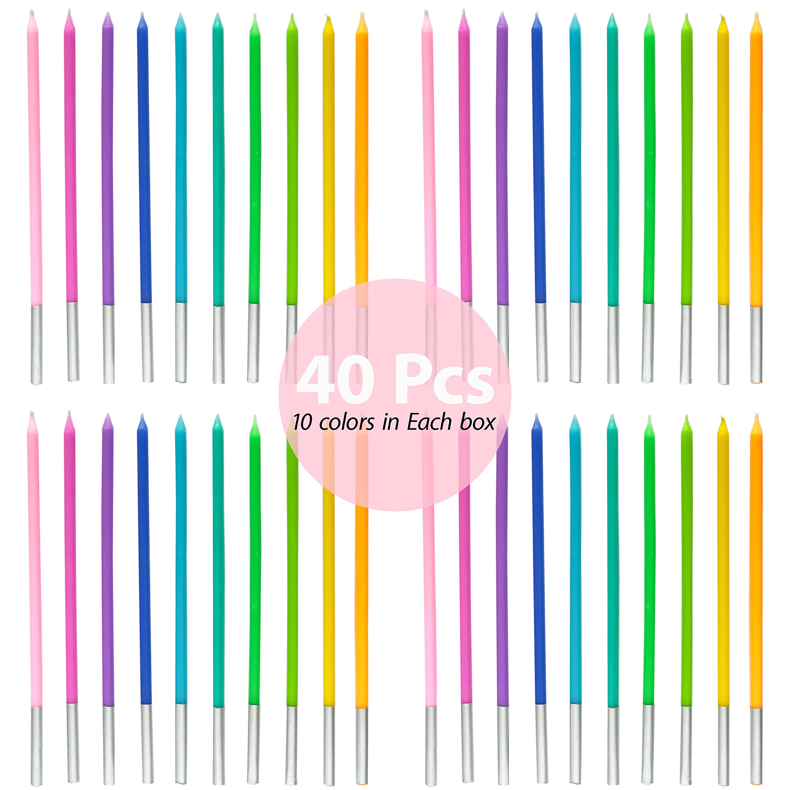 40-Count Rainbow Birthday Candles - Tall Thin Cake Candles Set for Cupcake & Cake Decorations - Perfect for Birthday Parties, Baby Showers & Celebrations