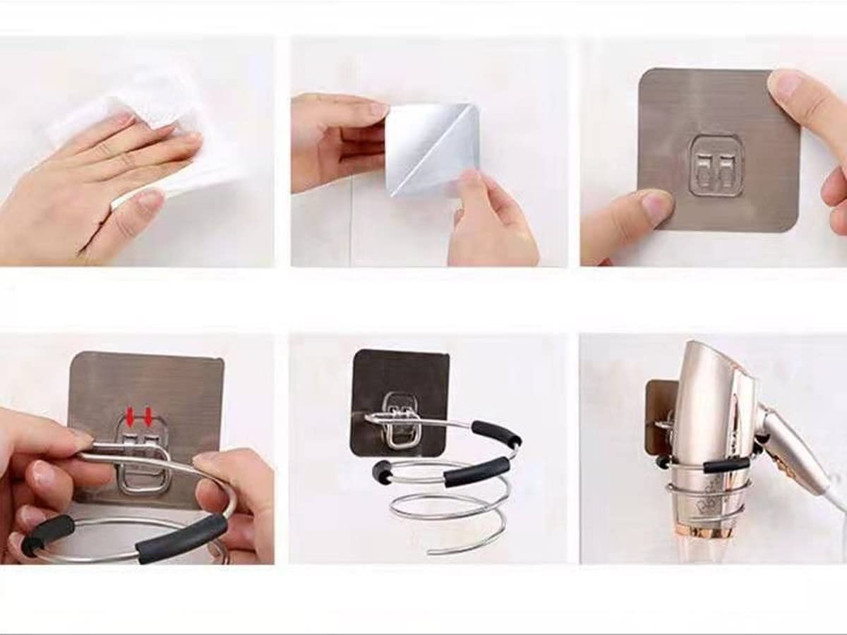 SHFTI Wall Mount Hair Dryer Holder - Spiral Spring Blow Dryer Stand for Salon & Bathroom Organization - Silver (Perfect for Styling Tools Storage in Home & Professional Use)