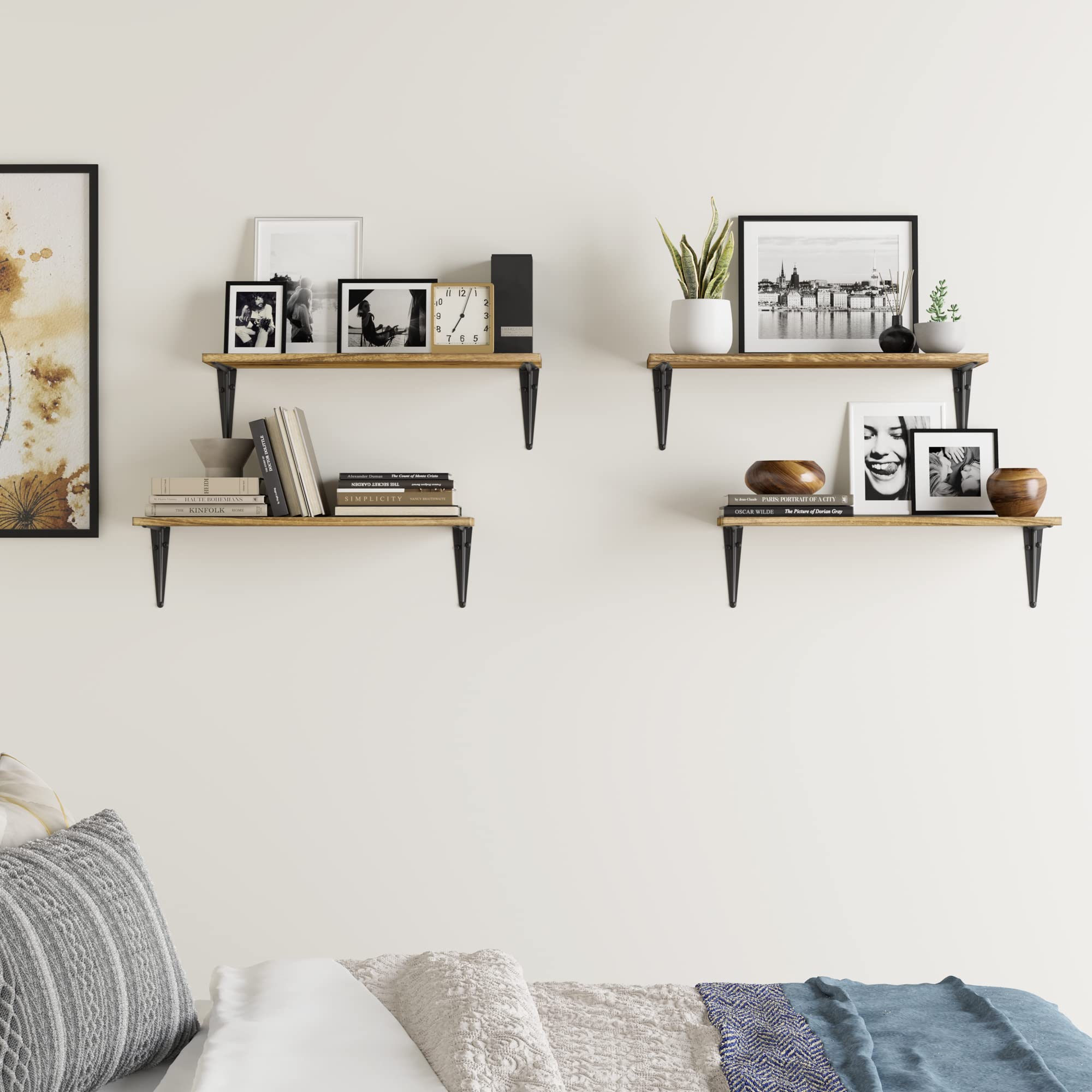 Wallniture Arras 24x8 Inch Floating Shelves Set of 4 - Rustic Burnt Finish Wall Mounted Shelves for Home Decor, Bookshelf for Living Room, Kitchen Storage & Bedroom Organization - Perfect for Displaying Books, Plants & Decorative Items