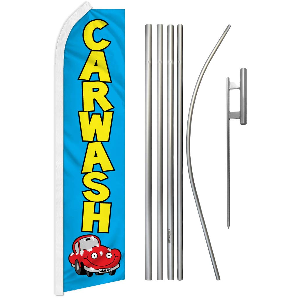 Blue Car Wash Swooper Feather Advertising Flag & Pole Kit - High Visibility Wind Flag for Car Washes, Auto Detailing, Car Dealerships & Gas Stations - Perfect for Business Promotion & Outdoor Advertising
