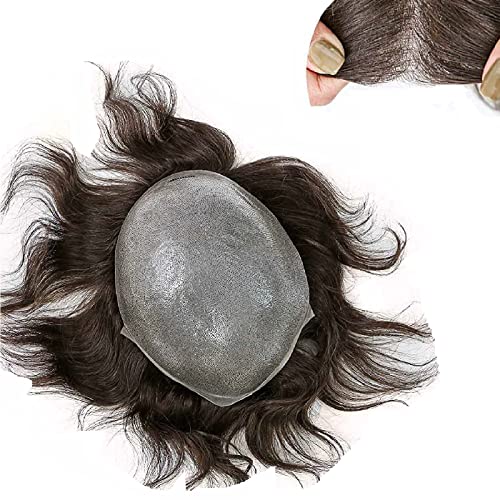 Kabello Human Hair Patch - Thin Skin HD Hair System Toupee for Men & Women with Hair Dryer Brush & Clips (Dark Brown, 8X6) - Natural Looking Hair Replacement for Thinning Hair & Bald Spots - Perfect for Daily Wear, Parties & Special Occasions