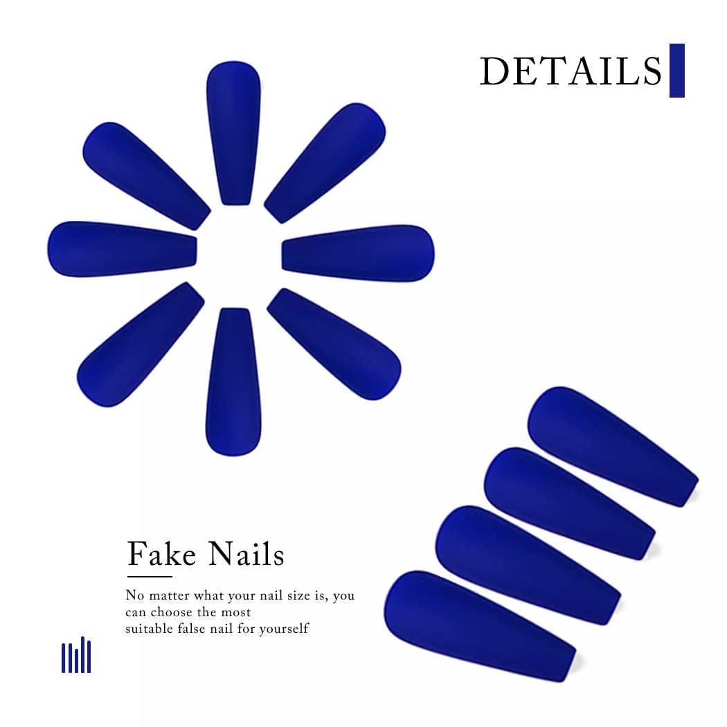 24 Pcs Long Coffin Press on Nails - Blue Matte Ballerina Fake Nails for Women & Girls | Full Cover Artificial Nails for Parties, Weddings & Special Occasions