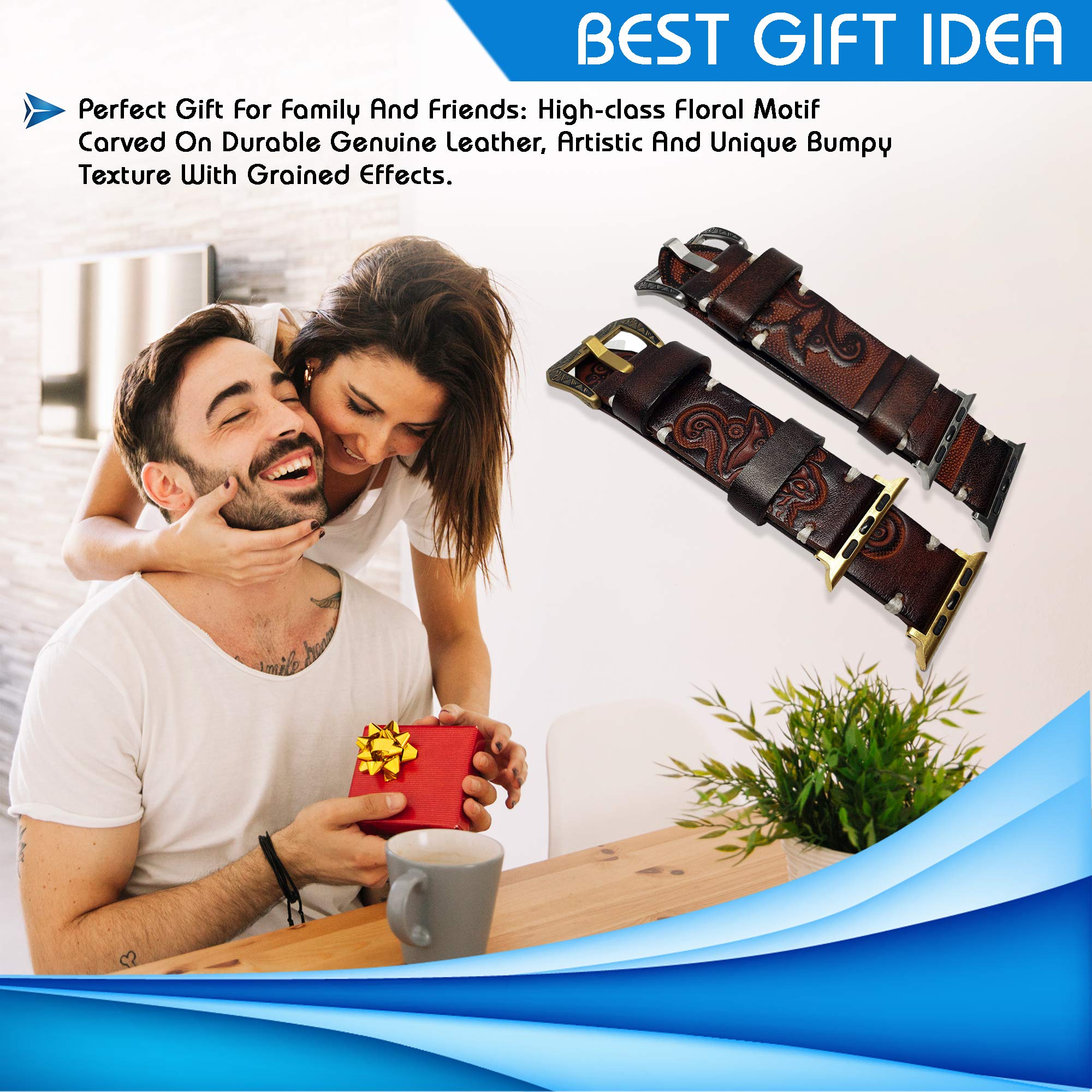 Handmade Genuine Leather Apple Watch Band - Compatible with Apple Watch Series 5/4/3/2/1 (42mm/44mm) - Premium Tooled Design for Men & Women - Perfect for Daily Wear, Workouts & Special Occasions