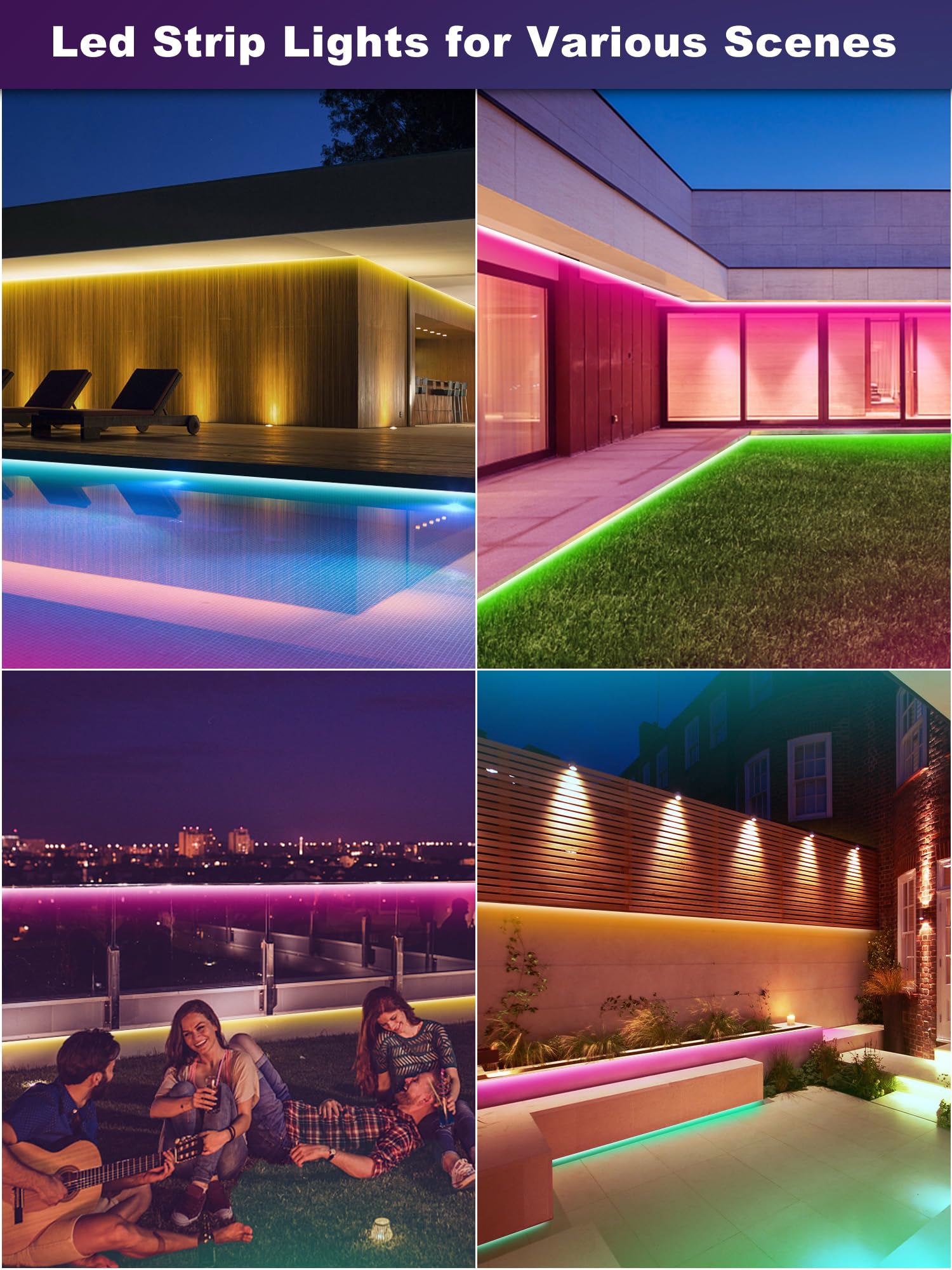 100ft (2x50ft) Outdoor LED Strip Lights Waterproof IP68 - RGB Color Changing with Remote & App Control, Music Sync, Weatherproof Exterior Rope Lights for House Party, Garden, Patio, Deck, and Pool Lighting