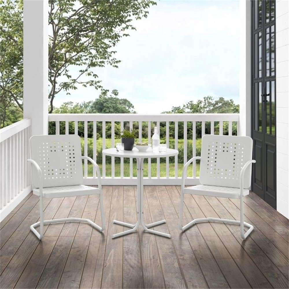 3-Piece White Gloss Metal Outdoor Bistro Set - Patio Dining Table and Chairs for Garden, Balcony, or Backyard Relaxation