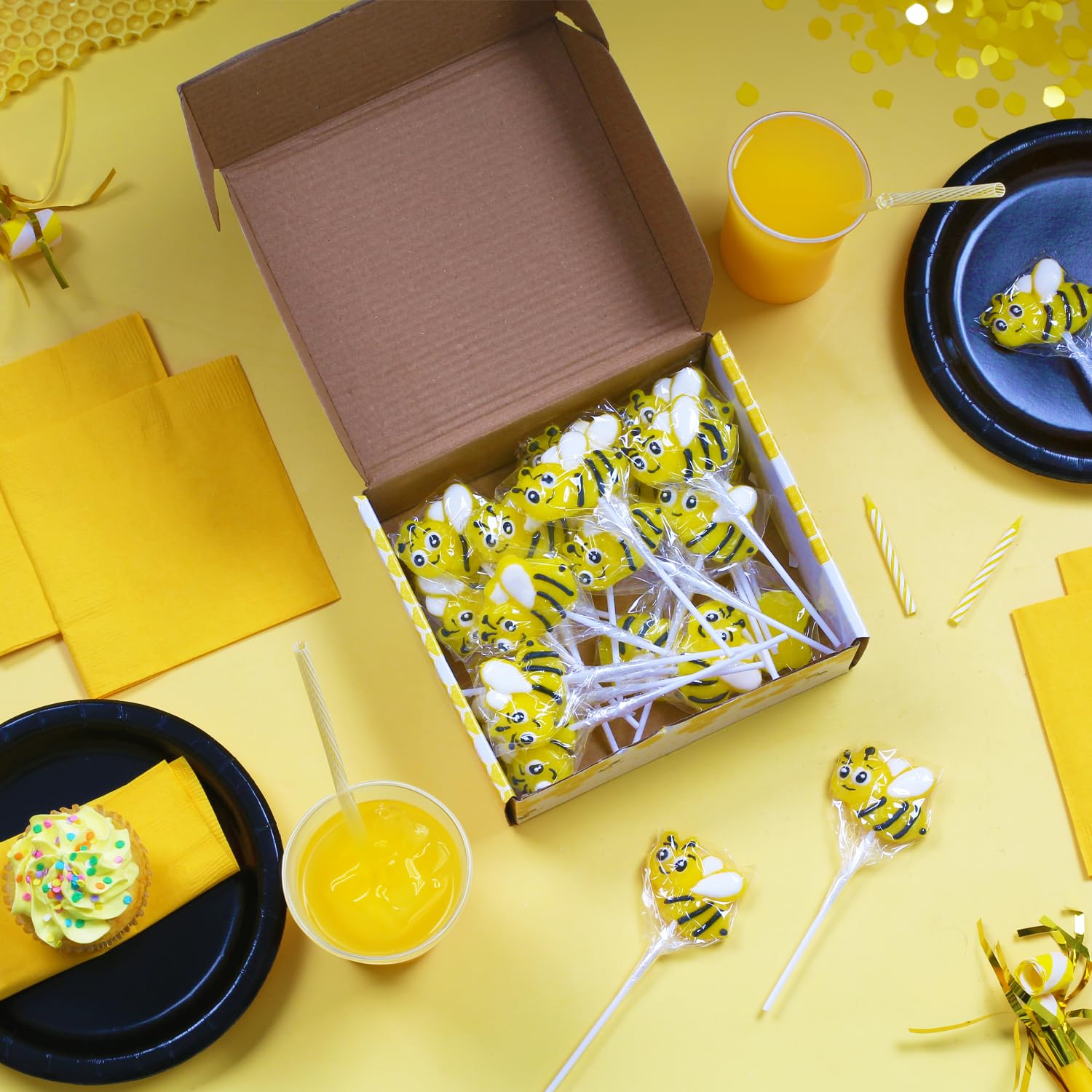 Bee Candy - 24 Individually Wrapped Lemon Flavored Lollipops - Perfect for Birthday Party Favors, Classroom Treats & Office Snacks