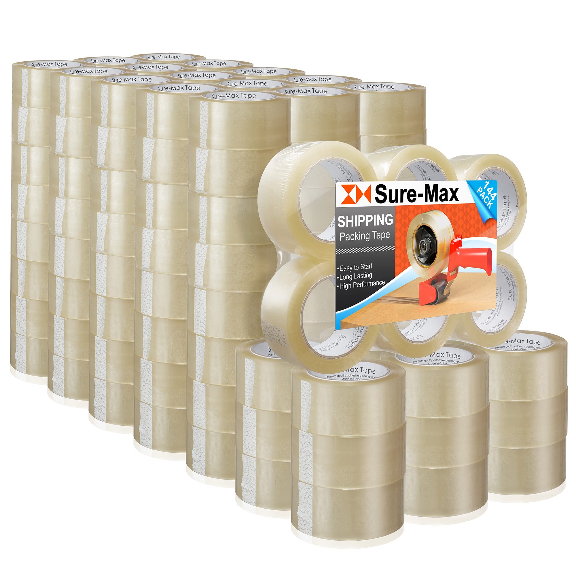 Sure-Max Premium Carton Packing Tape 1.8 mil 330 Feet (110 Yards) - Clear Heavy Duty Shipping Tape for Moving, Packing & Mailing - 4 Cases (144 Rolls Total) - Ideal for Home, Office & Warehouse Use