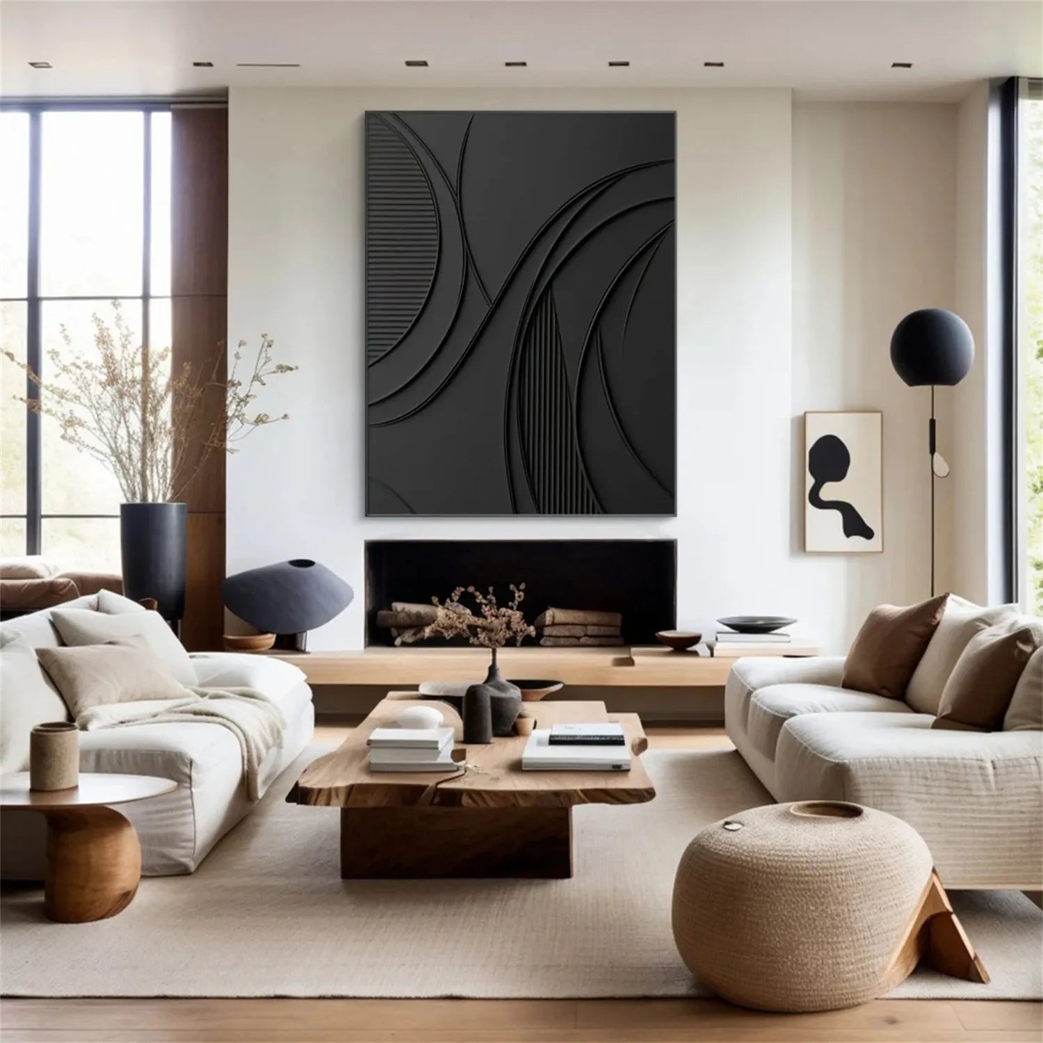 Black Minimalist Textured Painting Canvas Wall Art - Modern Abstract Home Decor for Living Room, Bedroom & Office - Premium Quality Stretched Canvas #MZ126
