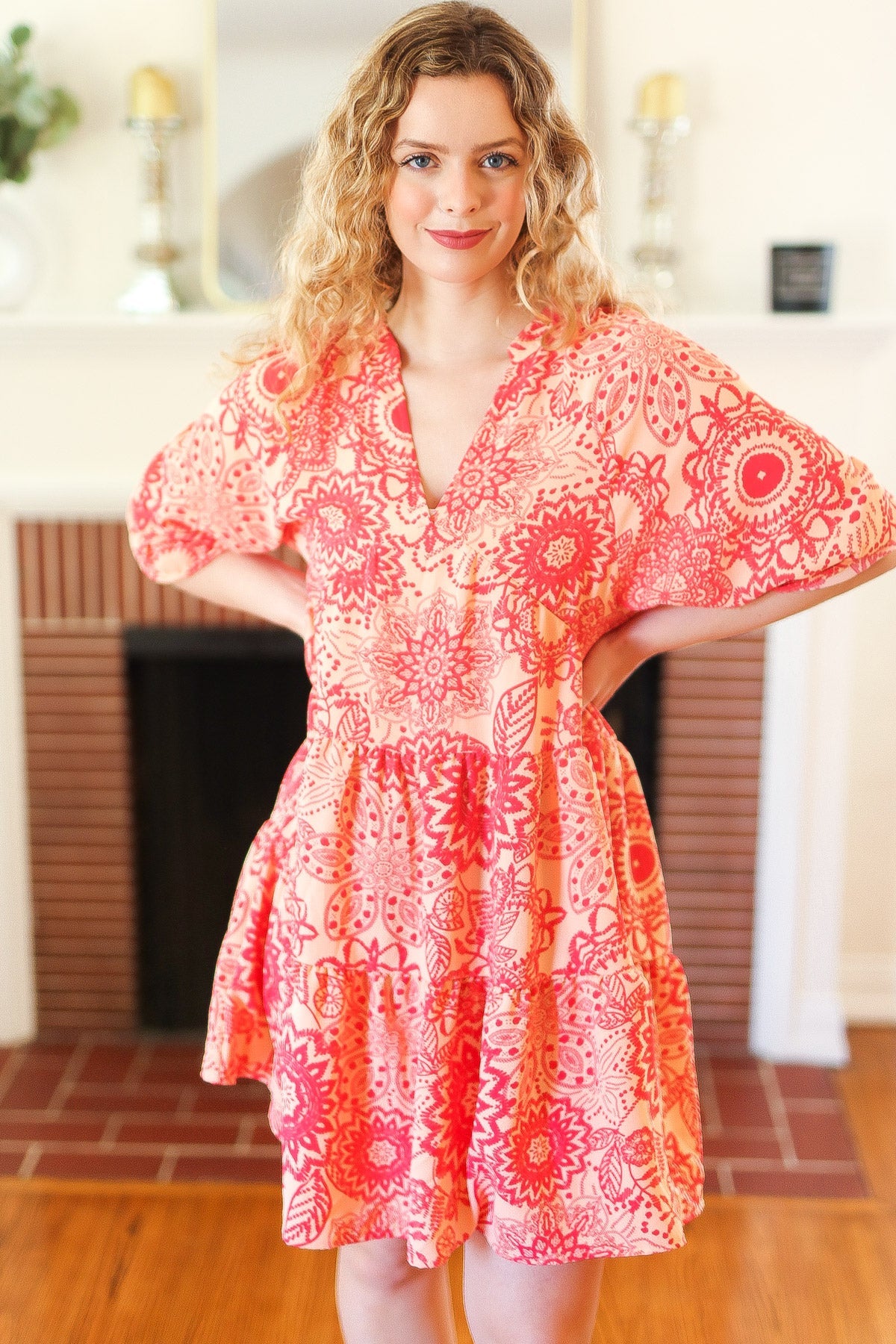 Stylish Peach & Coral Boho Floral V-Neck Dress for Women | Summer Beach Wedding, Vacation & Party Outfit