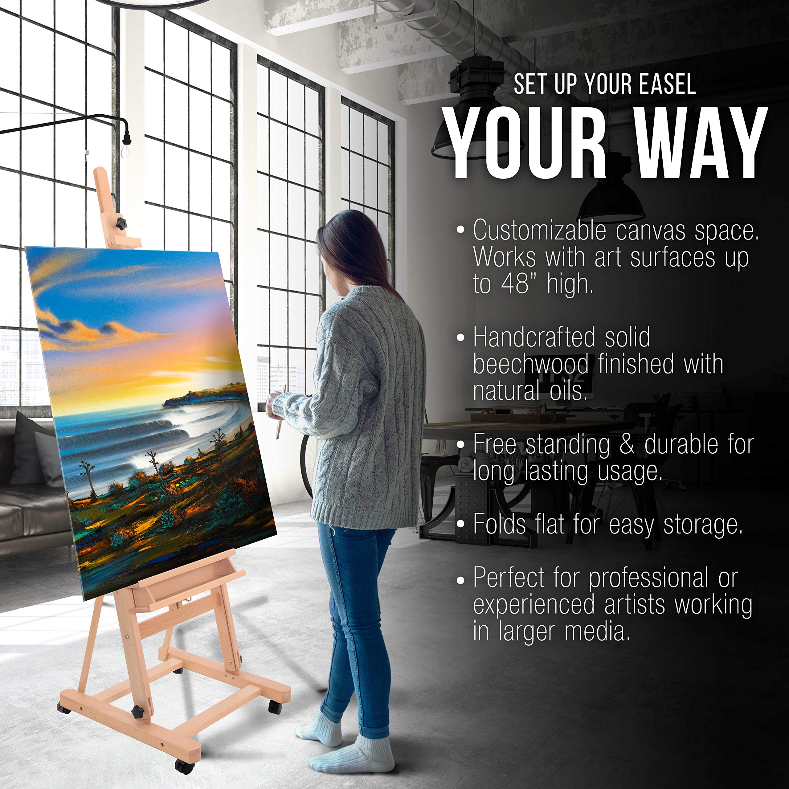 U.S. Art Supply Adjustable Beechwood H-Frame Studio Easel with Storage Tray & Wheels - Extends to 96