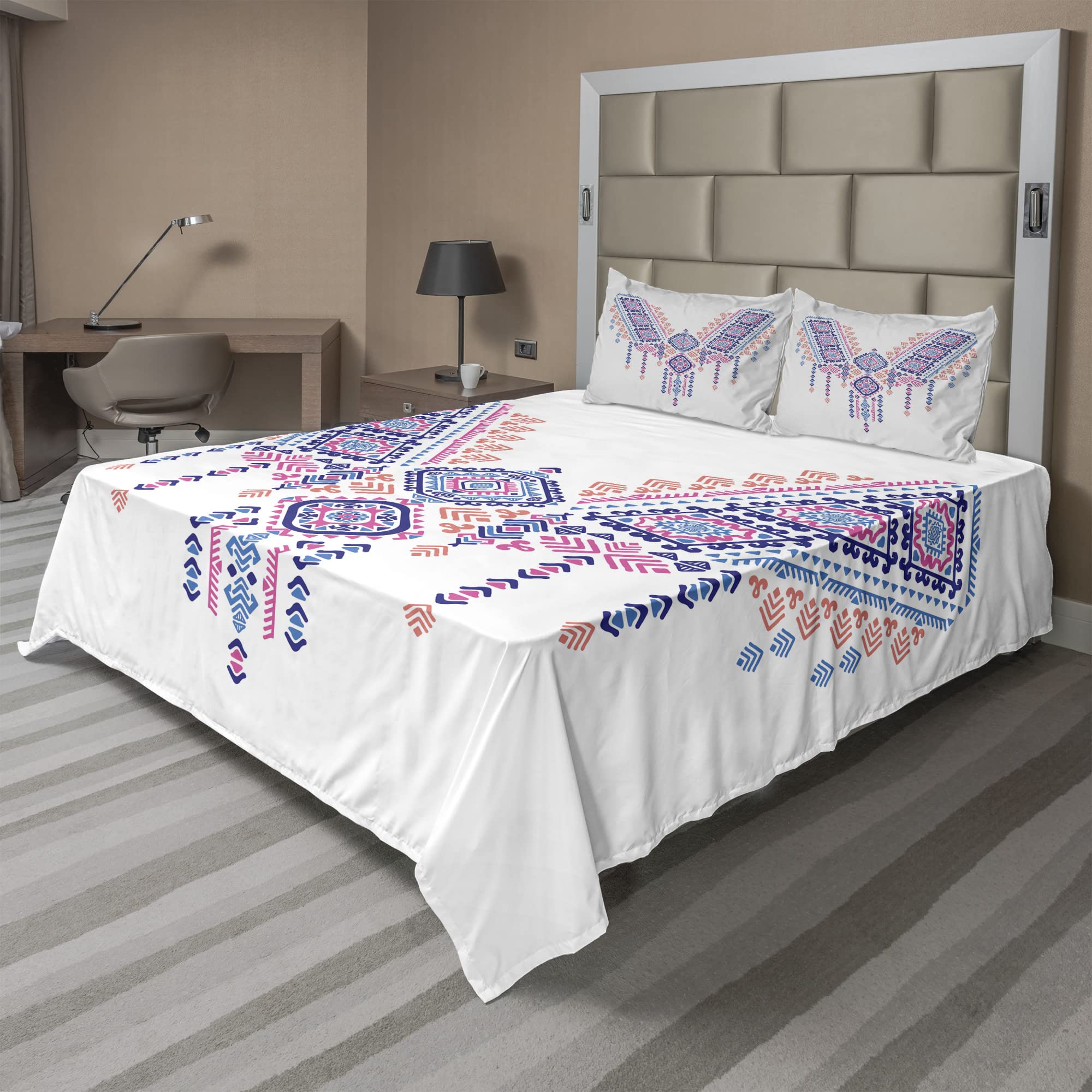 Ambesonne Tribal Geometric Aztec Bohemian Retro Print 4-Piece King Sheet Set - Fitted & Flat Sheets with Pillowcases - Coral Pink & Blue Bedding for Boho Chic, Retro, or Tribal Themed Bedrooms