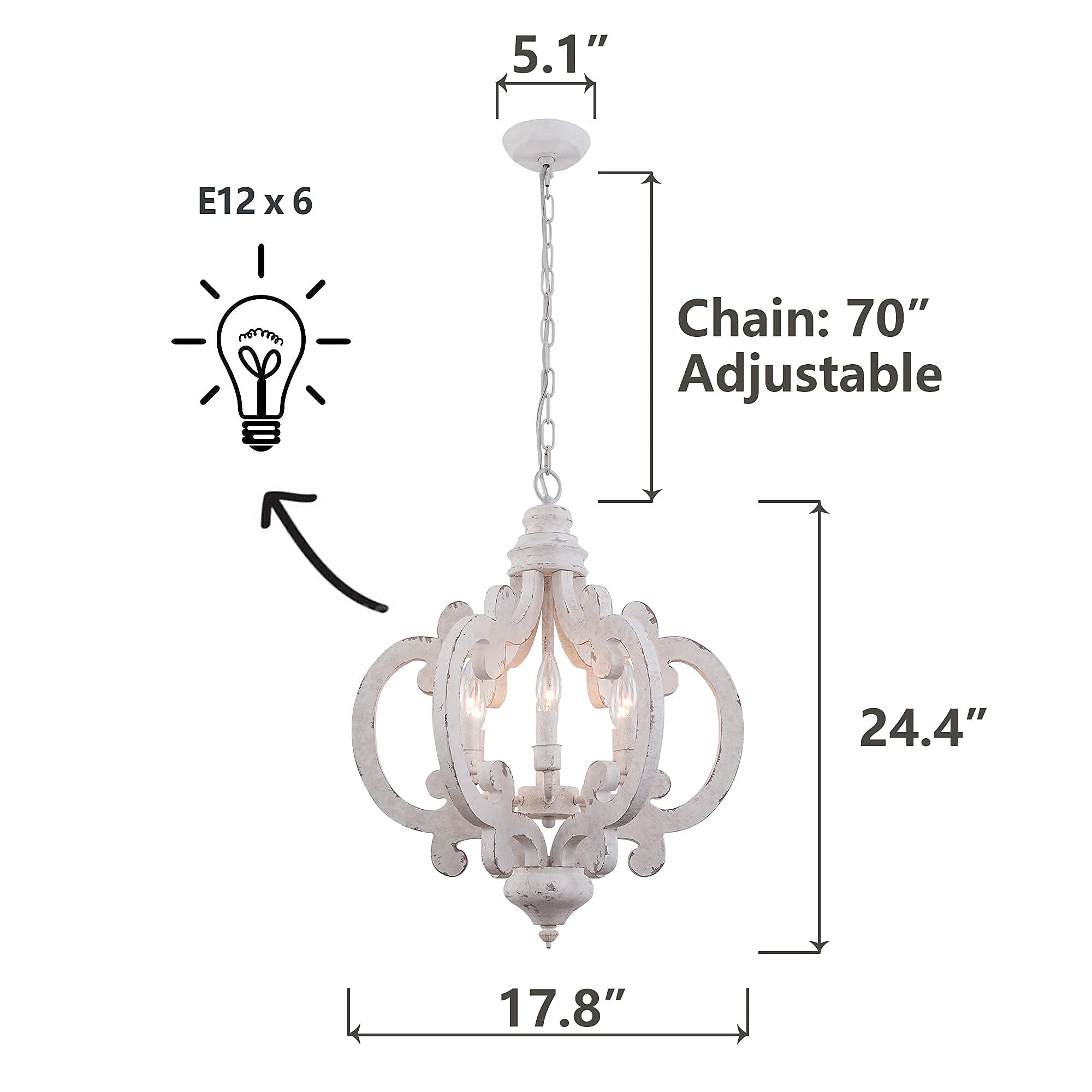 Rustic Farmhouse Wood Chandelier - 6-Light White Dining Room Pendant Light for Kitchen Island, Hallway, Foyer & Farmhouse Decor | Perfect for Dining Table, Entryway & Rustic Home Lighting