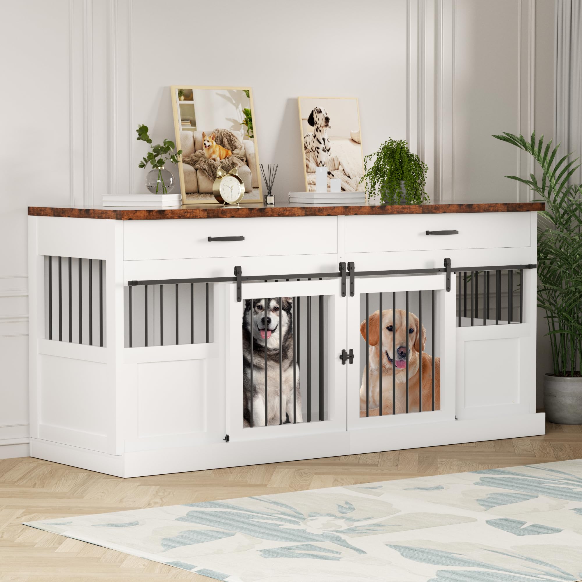 71 Inch XXL Heavy Duty Dog Crate Furniture for 2 Dogs - Decorative Indoor Kennel with 2 Drawers, Removable Divider & Sliding Doors (White) - Perfect for Large Breed Homes & Pet-Friendly Living Rooms