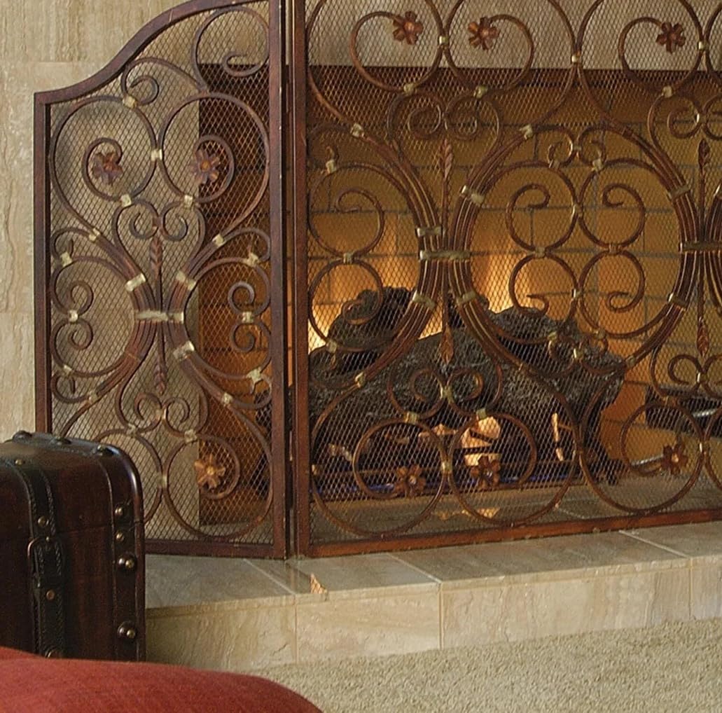 Provincial 3-Panel Wrought Iron Fireplace Screen - Decorative & Functional Hearth Guard for Living Room, Bedroom, or Cabin