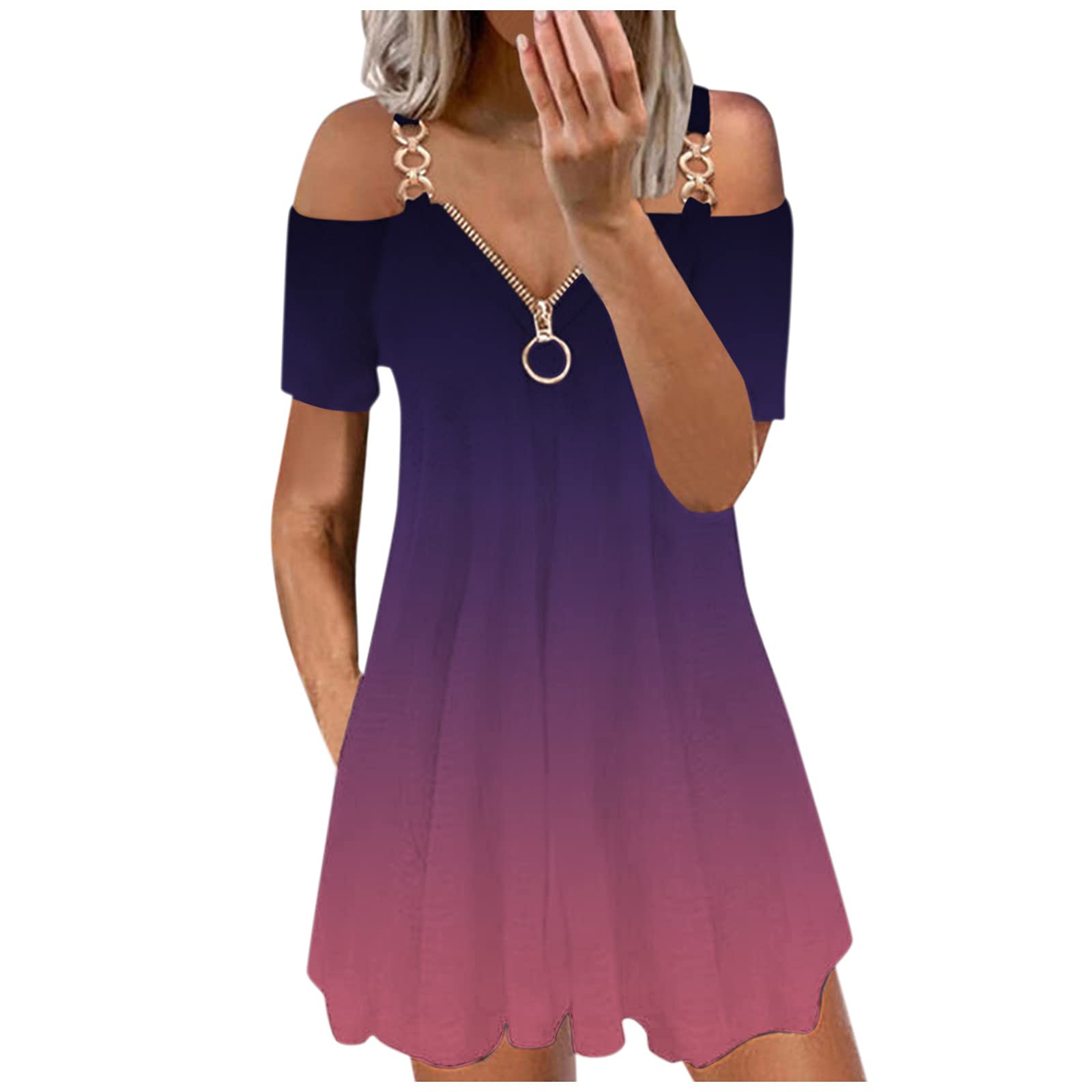 Elegant V-Neck Short Sleeve Open Back Dress for Women - Wedding Guest Outfit, Casual Party Dress, Sexy Zipper Strap Design - Perfect for Cocktail Parties, Date Nights & Summer Events