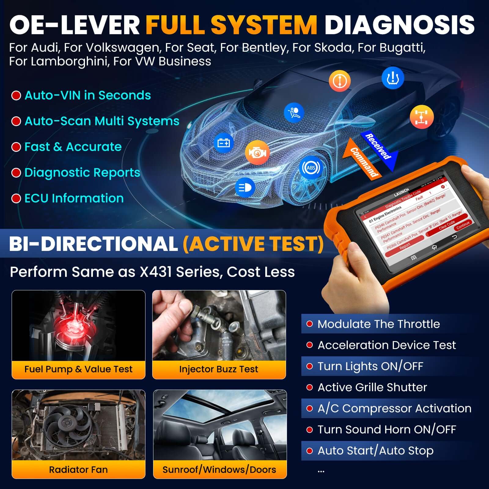 LAUNCH X431 Creader Elite 2.0 OBD2 Scanner for Audi - Bi-Directional Diagnostic Tool with SRS/DPF/Oil Reset - Code Reader for VW, Audi, Bentley, Skoda, Bugatti, Lamborghini, Seat - Professional Car Diagnostic Scanner for Mechanics & DIY Auto Repair