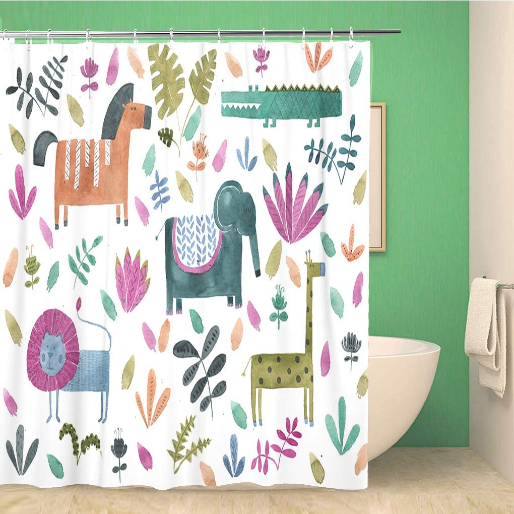 Waterproof Jungle Safari Shower Curtain - 72x72 Inch Polyester Fabric with Watercolor Elephant, Flower & Horse Design - Includes Hooks for Bathroom Decor - Perfect for Kids' Rooms, Themed Bathrooms & Safari Nursery Decor