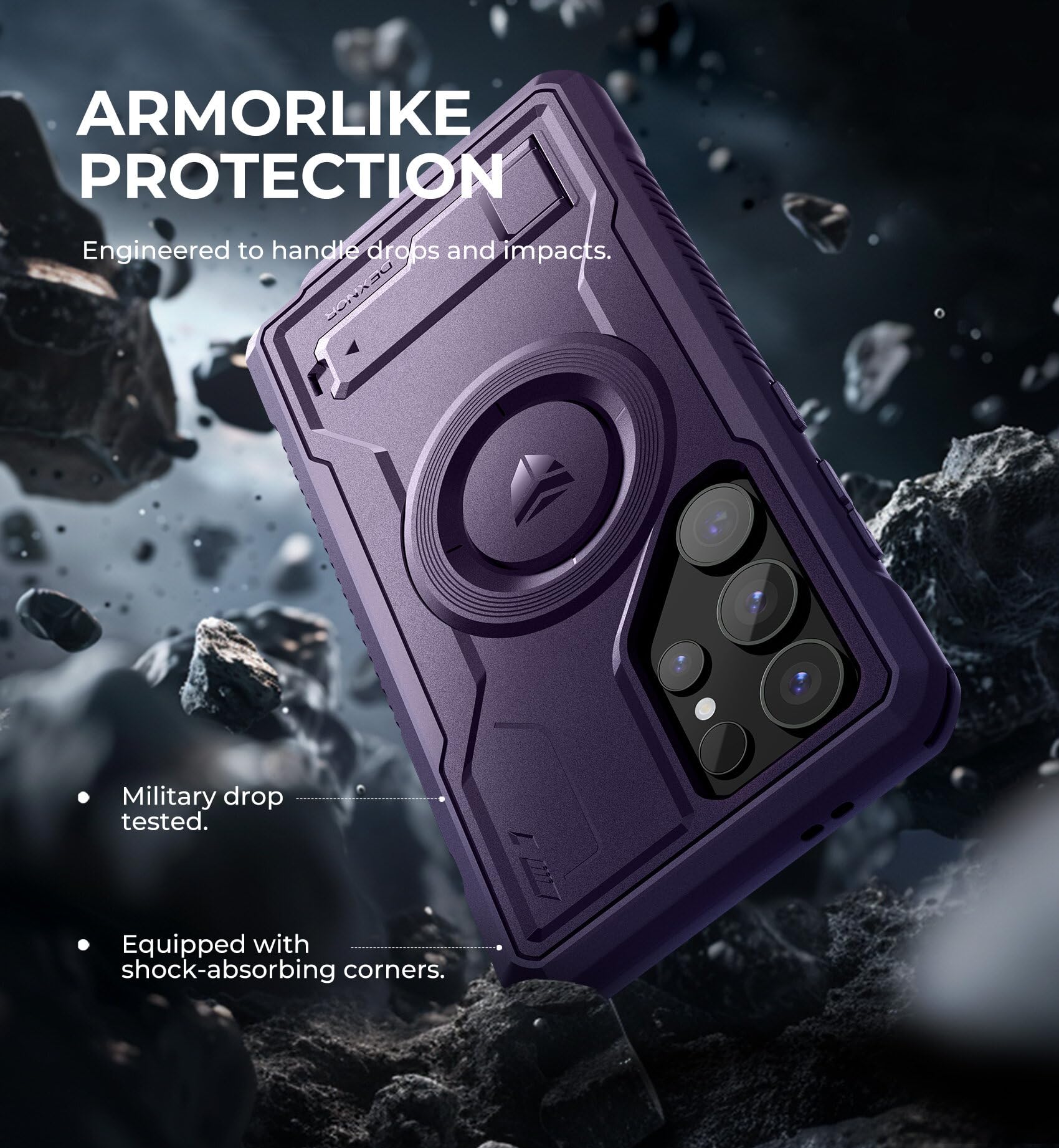 Dexnor Magnetic Case for Samsung Galaxy S24 Ultra - Shockproof Rugged Protective Cover with Adjustable Kickstand, 2 Front Frames & Built-in Screen Protector | Magsafe Compatible | Full Body Protection | Purple | Perfect for Outdoor Activities, Travel & Daily Use