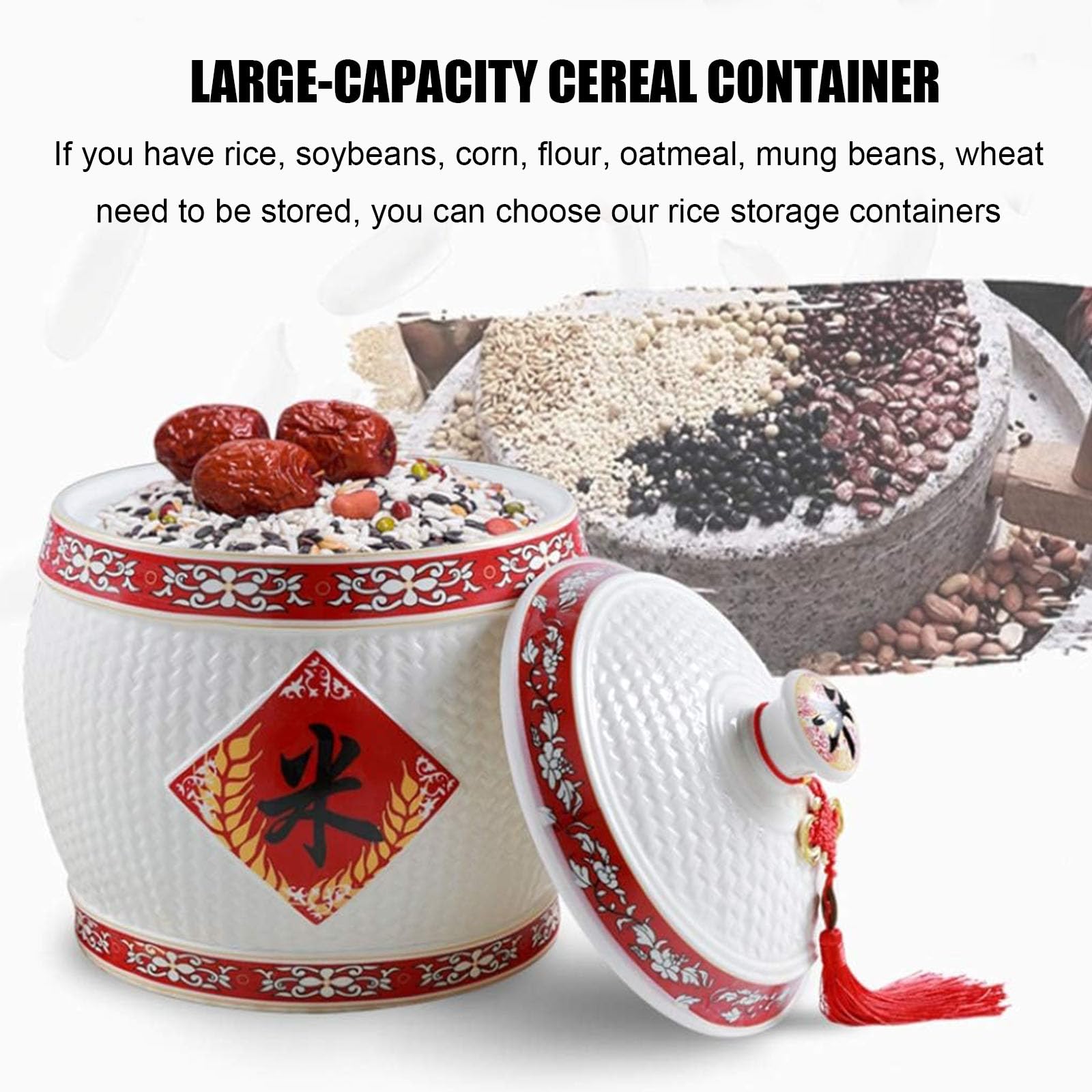 Premium Large Ceramic Rice Storage Container with Airtight Lid - 30x36cm (12x14in) Grain Dispenser for Rice, Noodles & Dry Food - Ideal for Kitchen Pantry Organization & Bulk Food Storage