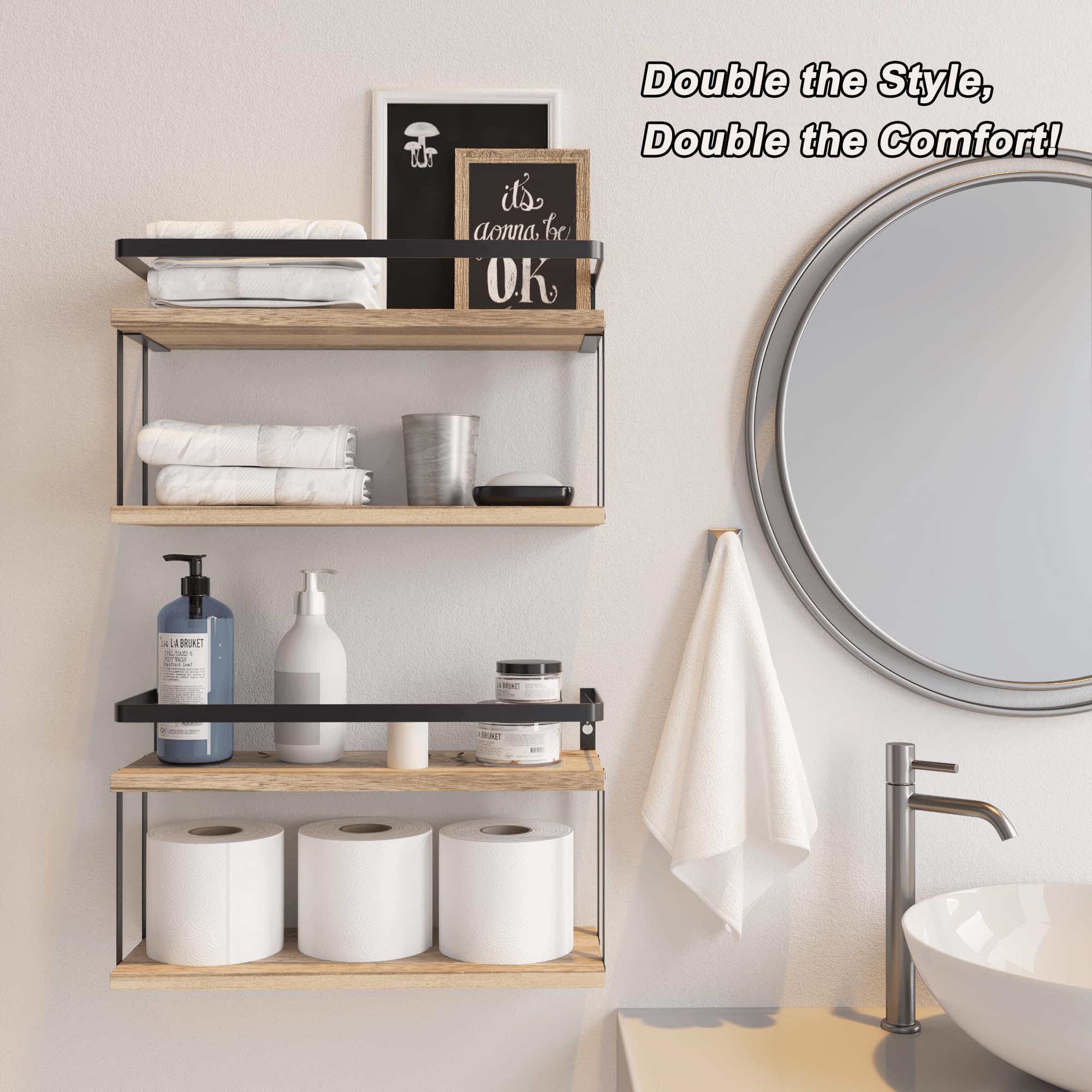 RICHER HOUSE Dual-Level Floating Shelves with Guardrail - Rustic Wood Wall Mounted Shelf for Bathroom & Kitchen Storage | Over Toilet Paper Organizer, Bathroom Wall Decor & Kitchen Spice Rack - Perfect for Small Space Organization & Farmhouse Style Home Decor