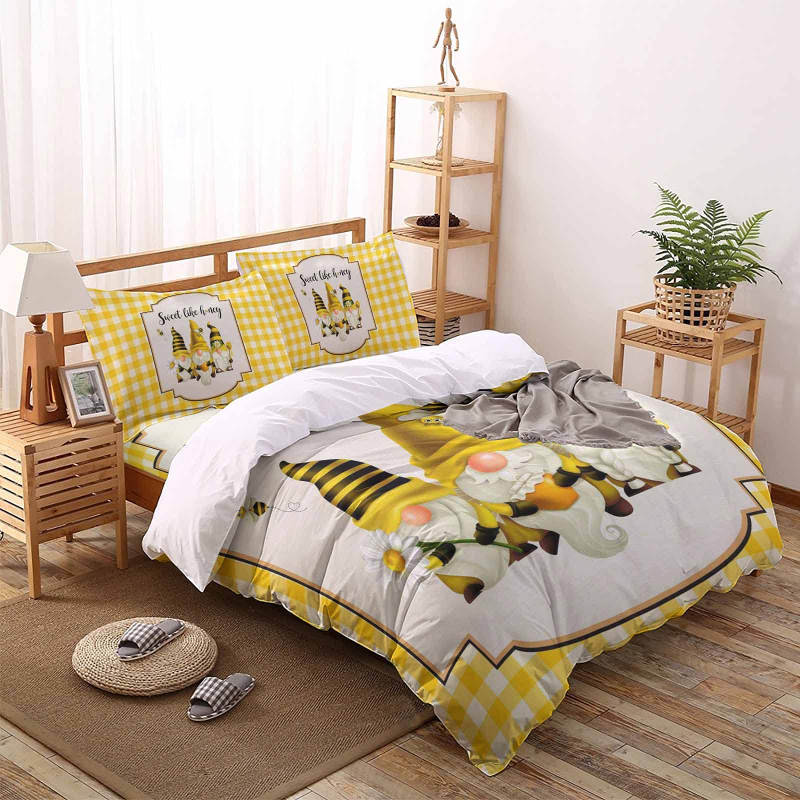 Sweet Like Honey Summer Bee Gnome Daisy Yellow Buffalo Check Plaid Duvet Cover 4-Piece Set with Zipper Closure & Corner Ties - California King Size Bedding for Spring & Summer Decor