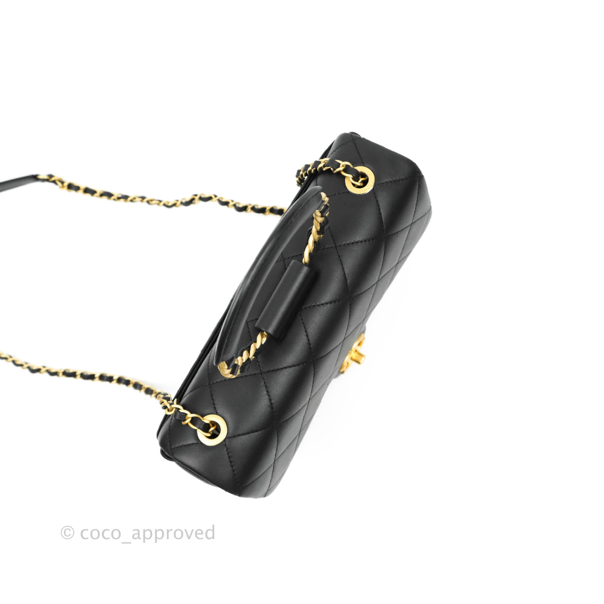 Chanel Circular Handle Flap Bag Black Lambskin with Aged Gold Hardware - Luxury Crossbody Purse for Women, Perfect for Evening Events & Date Nights