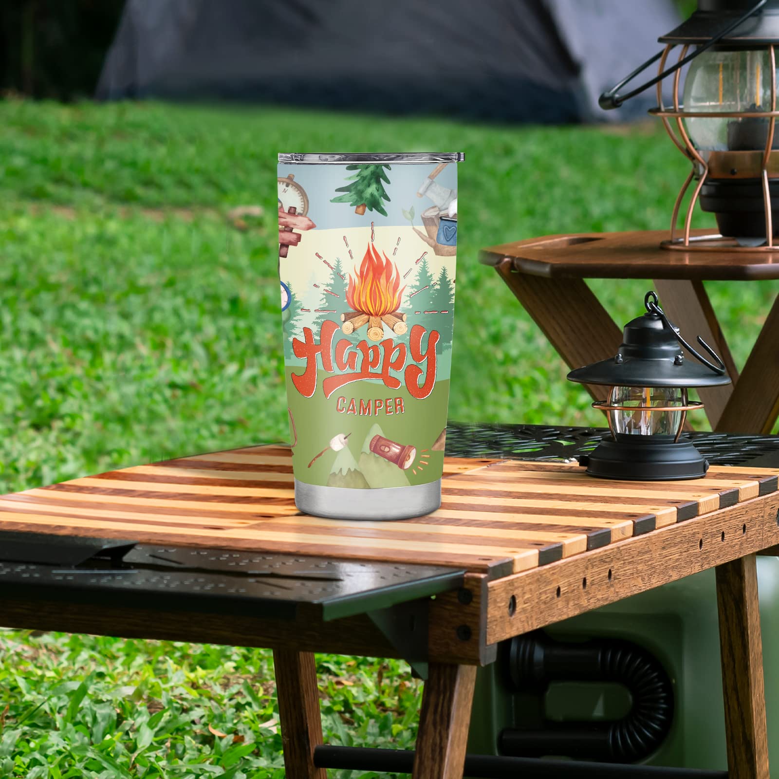 Happy Camper Tumbler - 20oz Insulated Stainless Steel Travel Mug with Lid - Perfect Coffee Cup Gift for Women & Men - Ideal for Camping, Hiking, Office & Outdoor Adventures