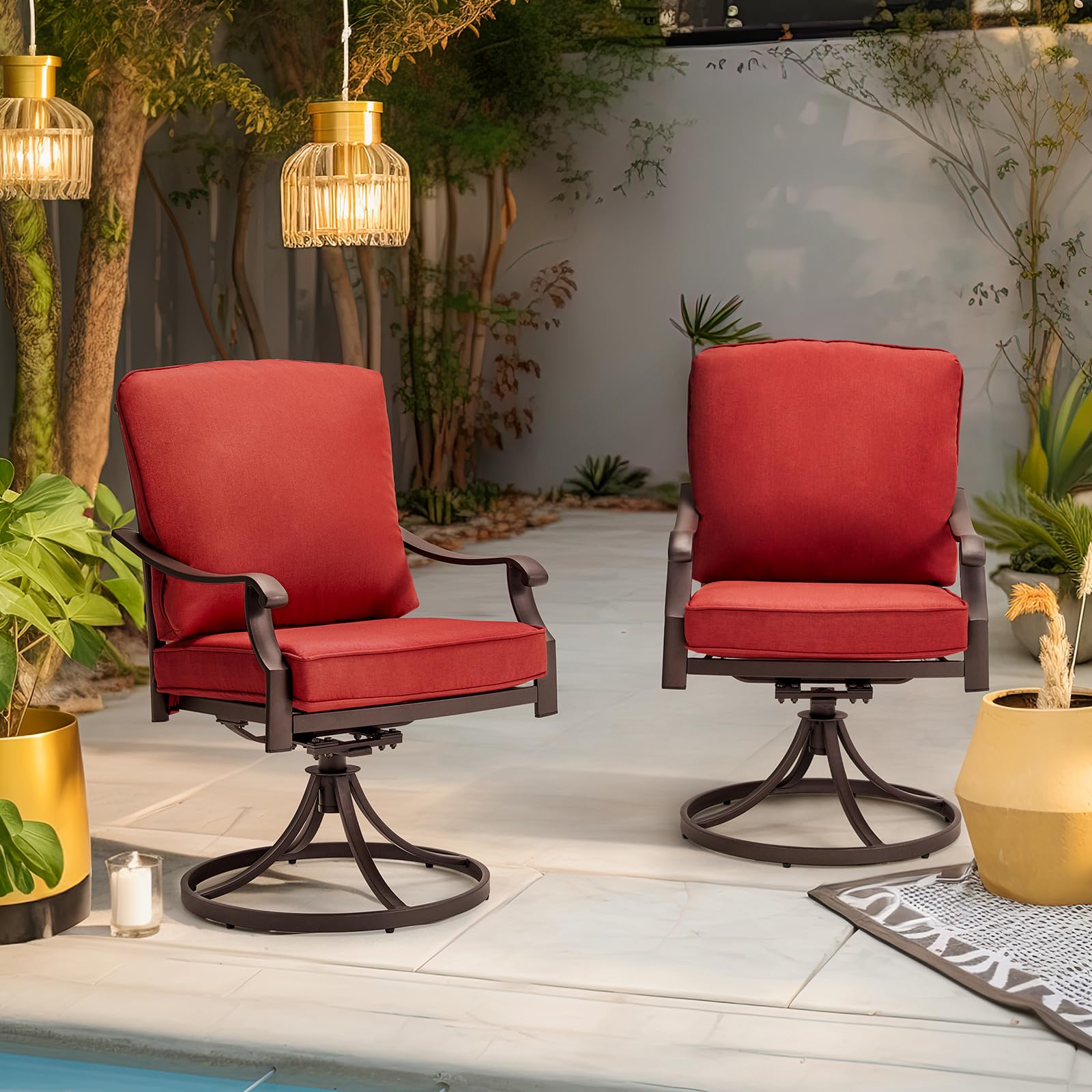 MELLCOM Heavy Duty Outdoor Swivel Dining Chairs Set of 2 with Thickened Cushions - Metal Patio Rocking Chairs for Garden, Lawn, Porch, Backyard & Poolside - Red (Perfect for Outdoor Entertaining, Relaxing & Dining)