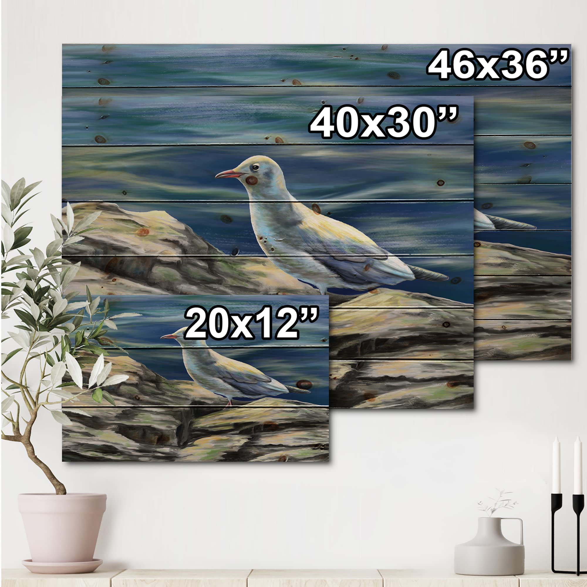 Seagull Birds By The Sea - Coastal Wood Wall Art Decor, Blue Nautical Animal Wall Panels Printed on Natural Pine Wood - Perfect for Beach House, Living Room & Coastal Home Decor