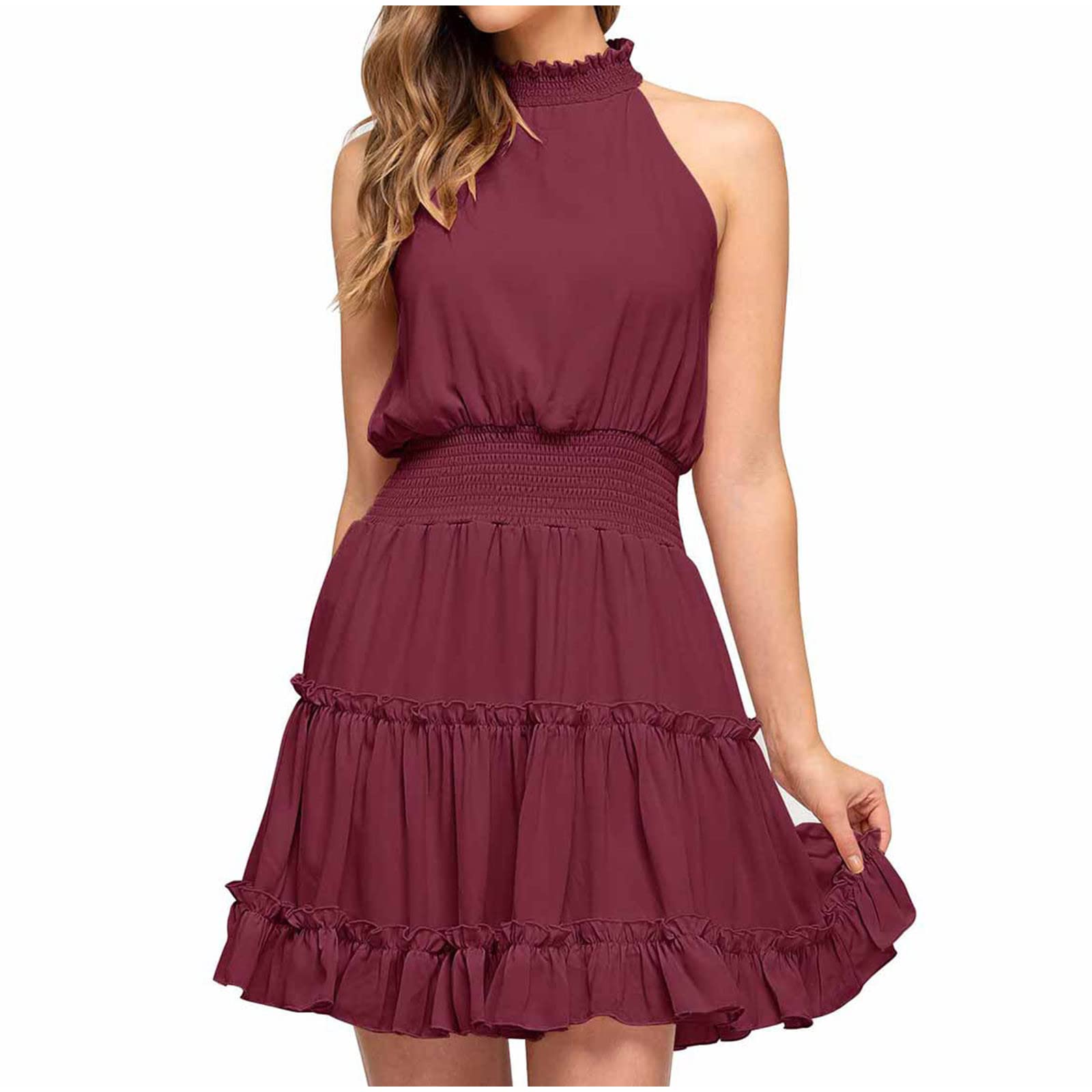 Sexy Halter Mini Dress for Women - Solid Color Sleeveless Ruffles Summer Beach Dress | Perfect for Beach Vacations, Pool Parties & Date Nights