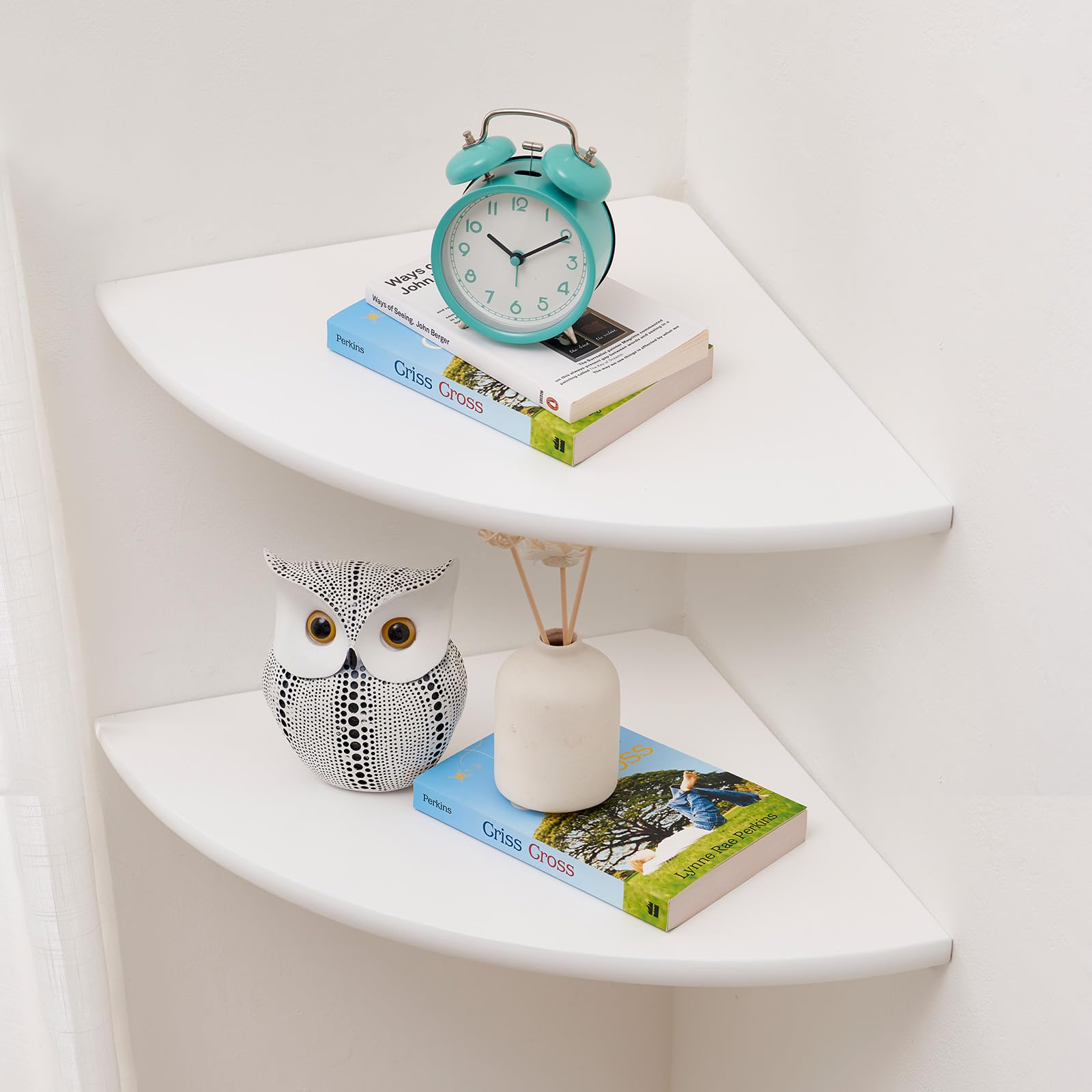 White Floating Corner Shelf Set of 2 - 10 Inch Solid Oak Wood Wall Shelves with Wire Hole - Round End Wall Mount for Small Plants - Perfect for Bedroom, Kitchen & Living Room Decor