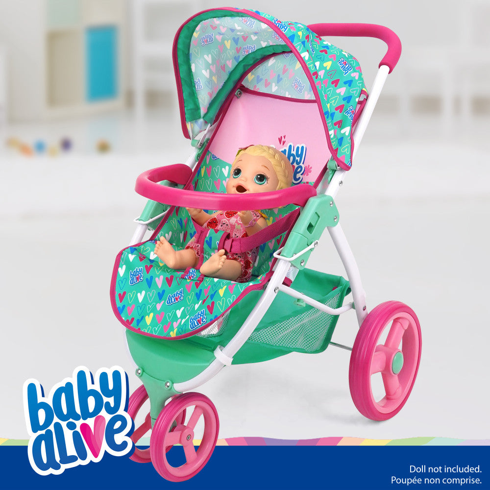 Baby Alive Heart Themed Doll Jogging Stroller - Pink & Green Playset for Toddlers | Pretend Play, Outdoor Walks & Role-Playing Games