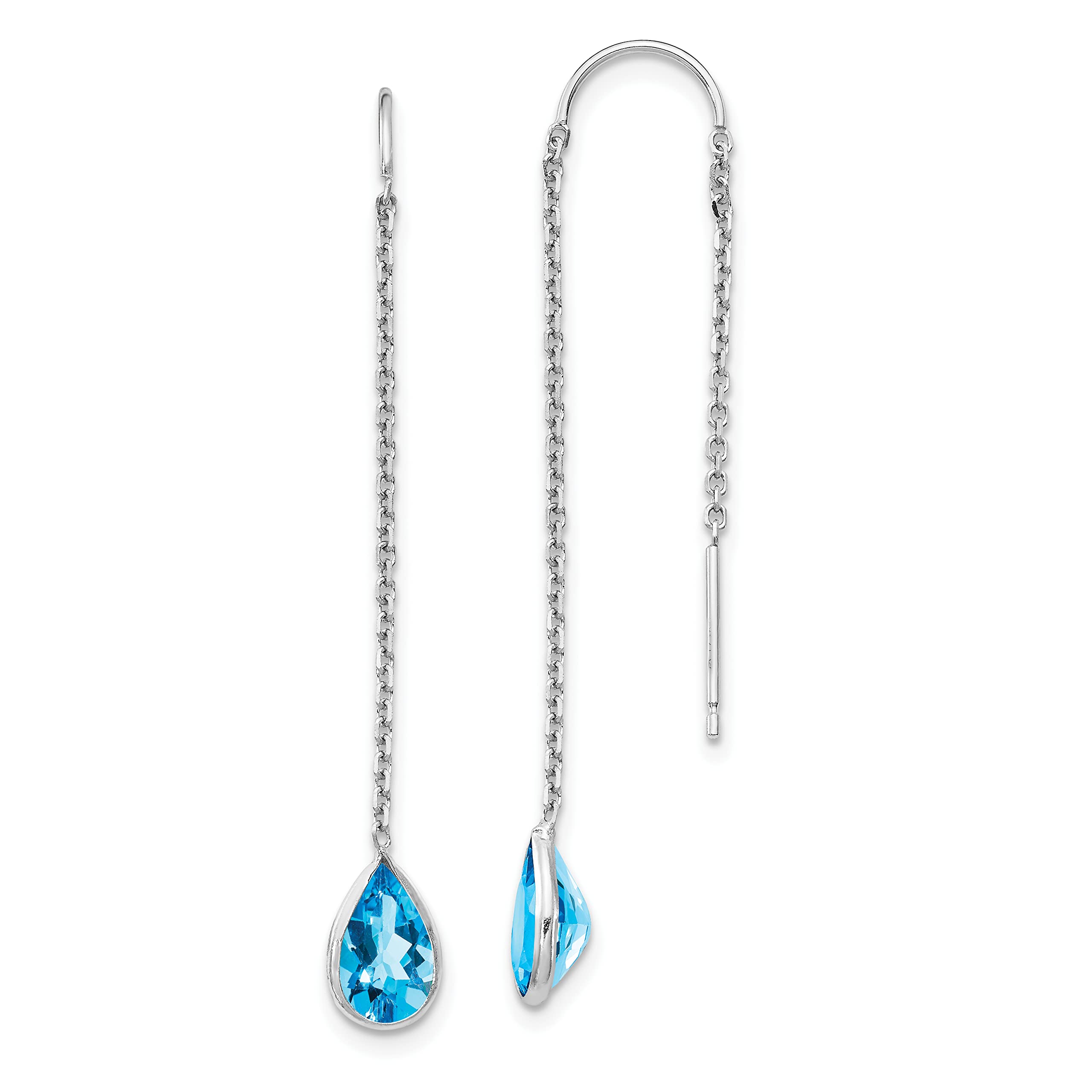 14K Solid White Gold Swiss Blue Topaz Threader Drop Dangle Earrings - Pear Teardrop Gemstone Jewelry for December Birthstone | Elegant Gift for Women, Bridal, Party & Special Occasions