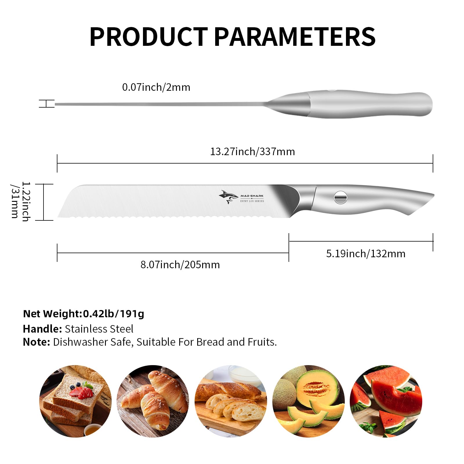 MAD SHARK 8 Inch Bread Knife - Ultra Sharp German Molybdenum-Vanadium Steel Blade - Professional Serrated Knife for Sourdough, Baguettes & Homemade Bread - Perfect for Bakeries, Kitchens & Bread Lovers