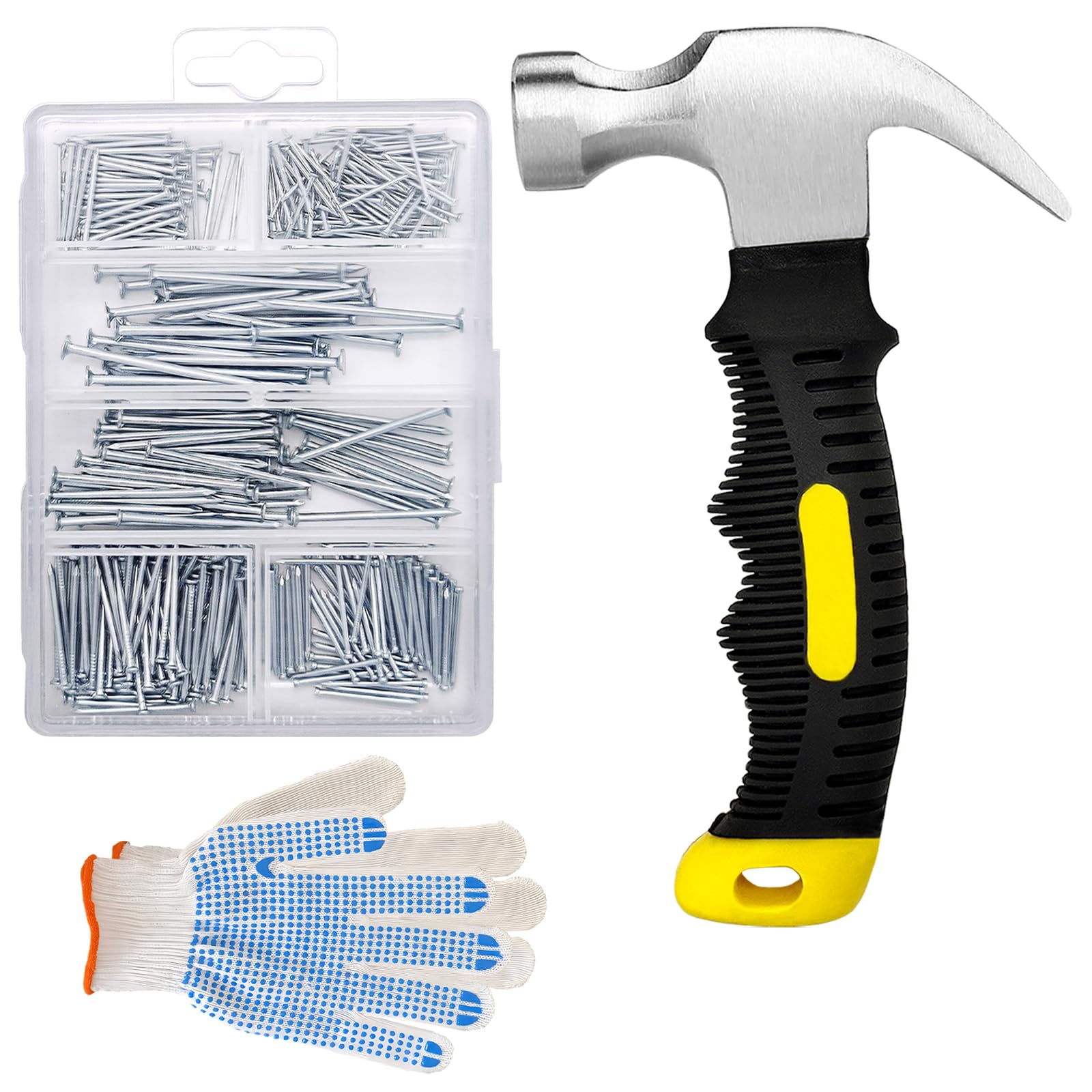 376-Piece Hardware Nails Assortment Kit with 8oz Mini Claw Hammer - Anti-Slip Handle, 2-Inch Finishing Nails for Hanging Pictures, DIY Projects & Home Repairs - Perfect for Wall Decor, Furniture Assembly & Crafting
