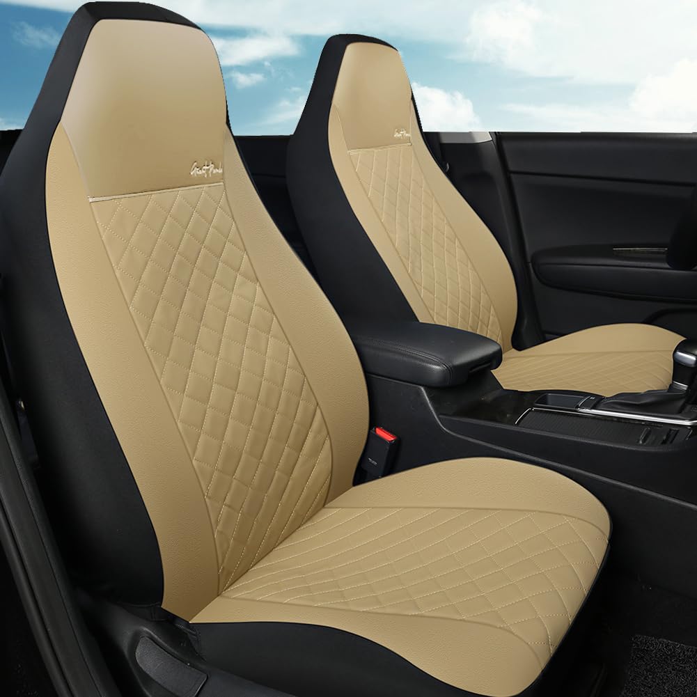 Premium Faux Leather Front Seat Covers for Cars, SUVs & Minivans - Universal Fit Bucket Seats with Giant Panda Design (Beige) | Perfect for Road Trips, Daily Commutes & Car Protection