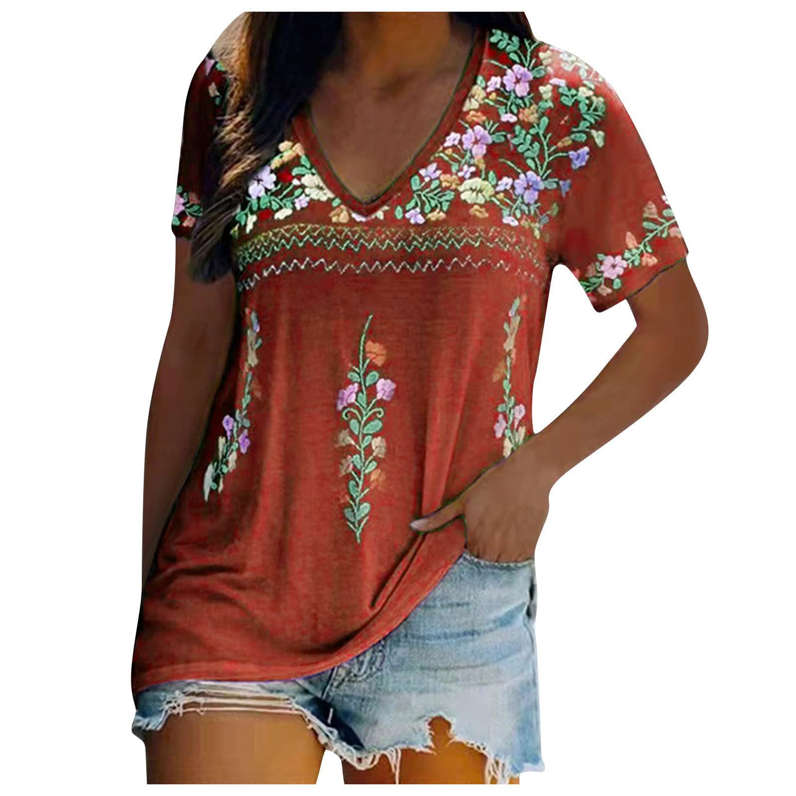Women's Casual Ethnic Print Short Sleeve V-Neck Blouse - Boho Chic Tunic Top for Summer, Beach, and Everyday Wear