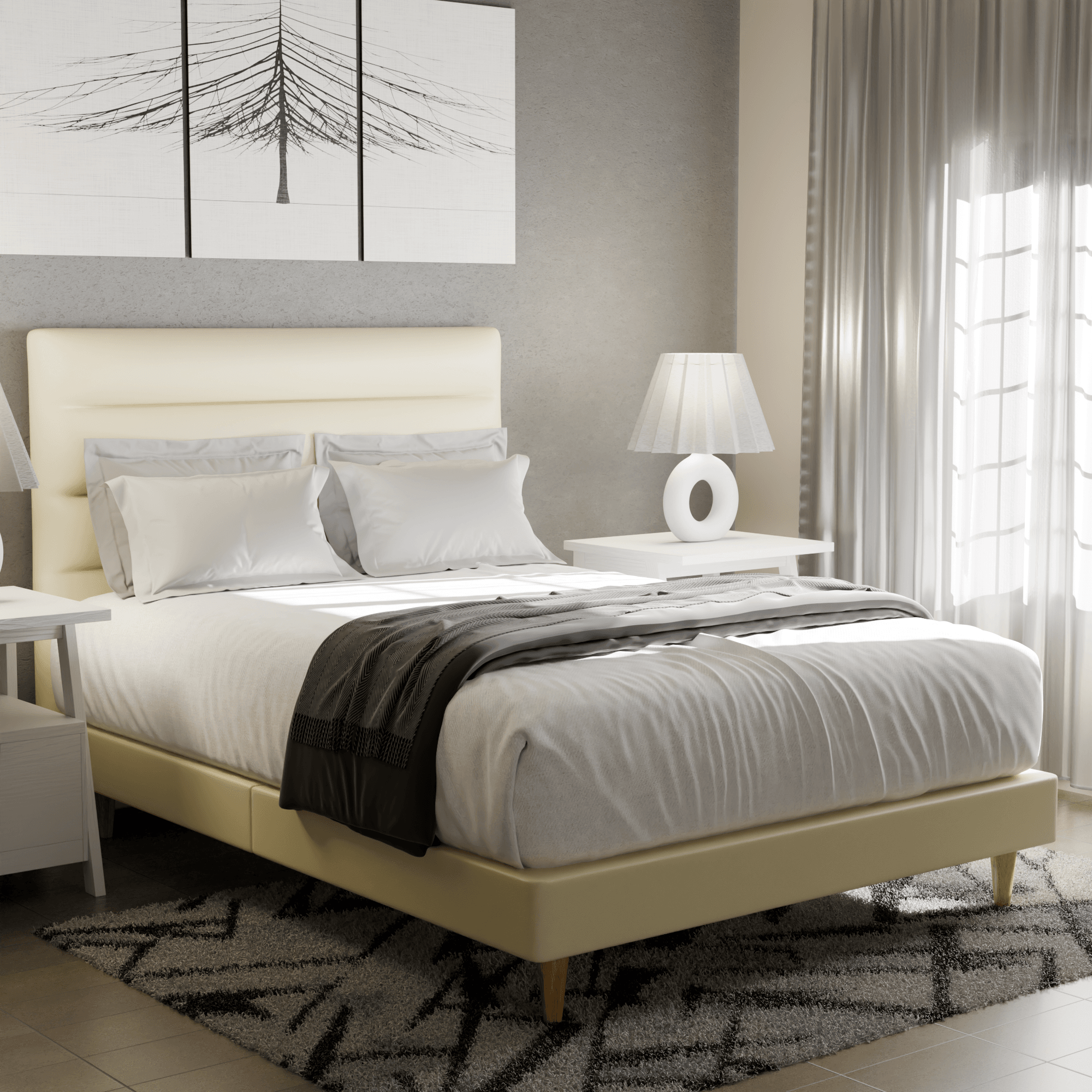 Keenan Faux Leather Bed Frame - Queen Size Upholstered Platform Bed with Wooden Slats, Noise-Free Support for Master Bedroom, Guest Room & Apartment