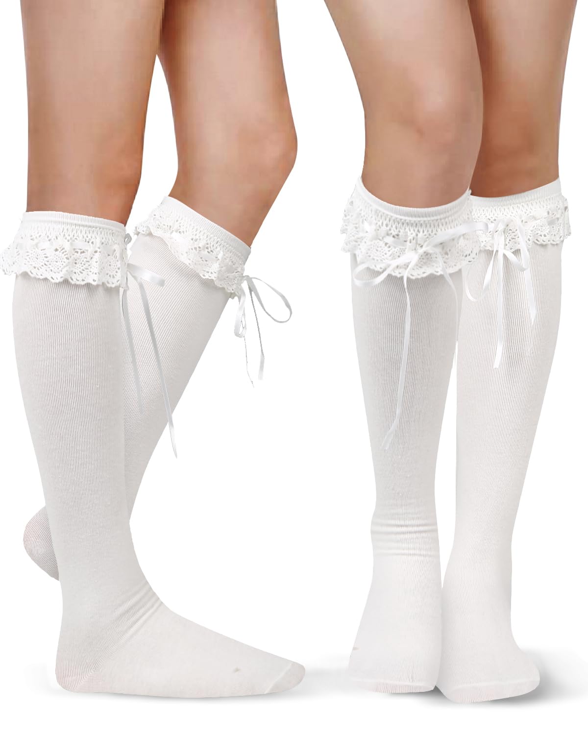 Benefeet Women's Lace Ruffle Knee High Socks - Kawaii Lolita Stockings in Black & White | Cute Fashion Socks for Cosplay, Daily Wear & Anime Outfits